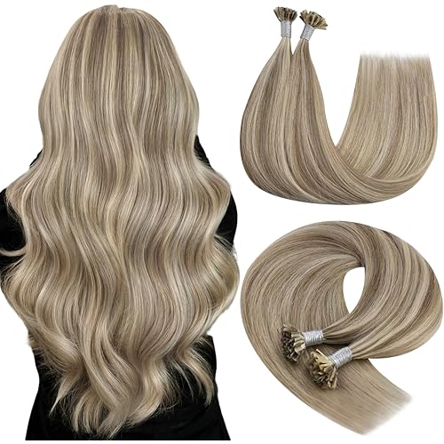 YoungSee U Tips Hair Extensions Real Human Hair Brown to Blonde Pre Bonded Utip Hair Extensions Light Brown Highlight Blonde Human Hair K Tips Extension Highlight for Short Straight Hair 14In 50s/50g