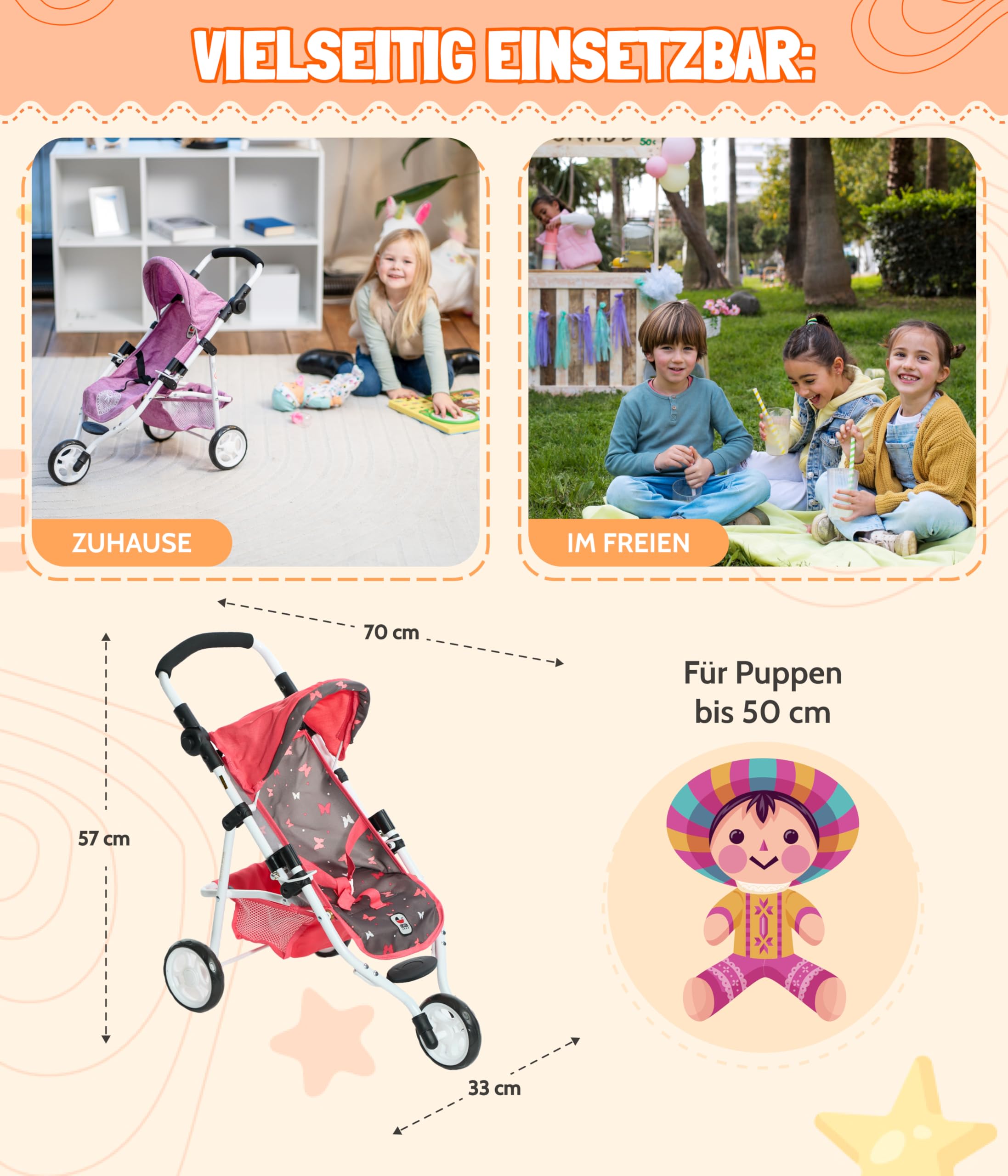 Bayer Chic 2000® Puppenbuggy Lola – Butterfly Koralle – Faltbarer Puppenwagen – Griff höhenverstellbar 33-62 cm – 3-Rad Jogger – Puppen bis 50 cm – 3-6 J.