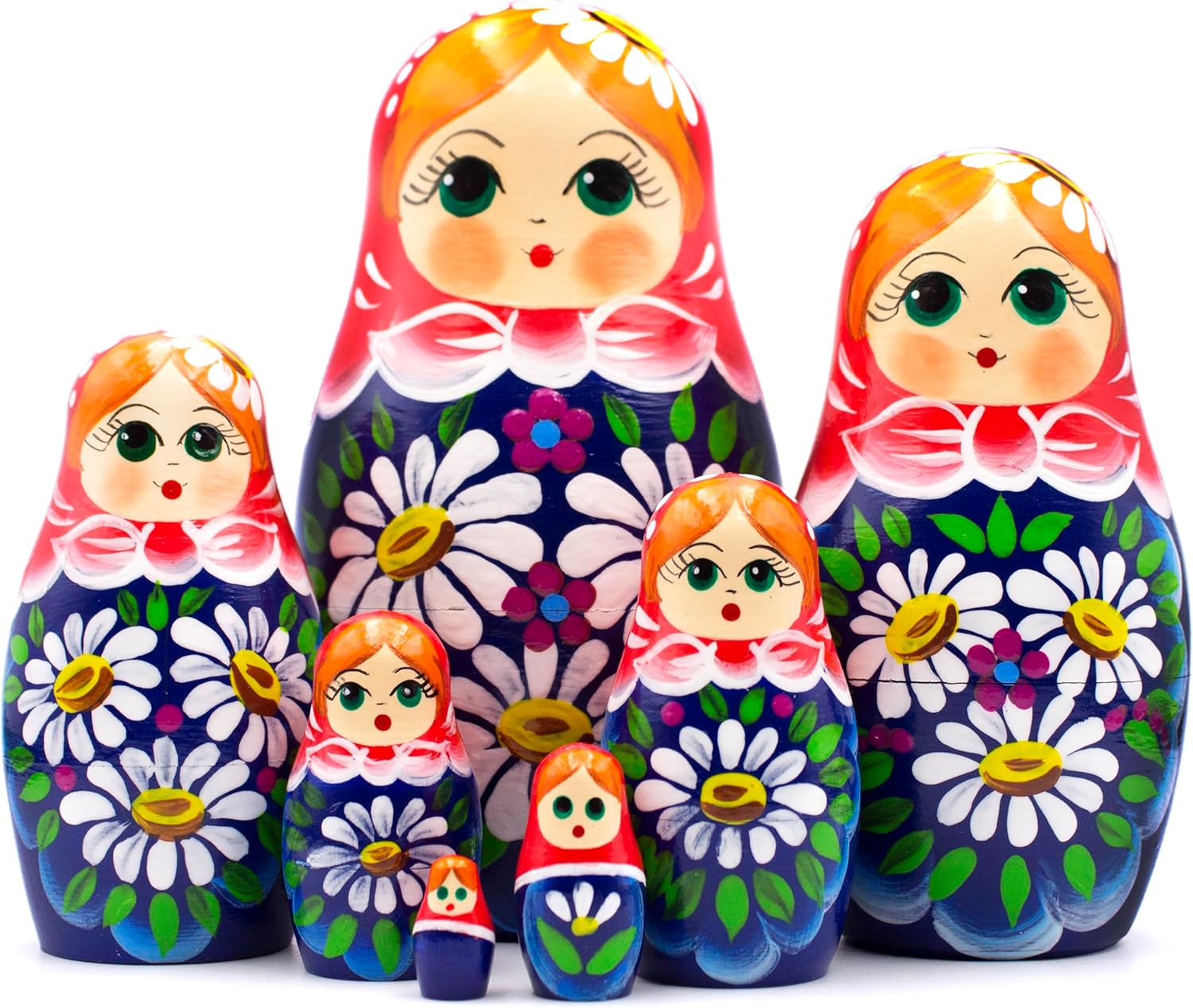 Russian Matryoshka Dolls Set of 7 pcs - Russia Dolls in Sarafan Dress with Bouquet of Chamomile Flowers - Handmade Russian Nesting Dolls - Матрешка