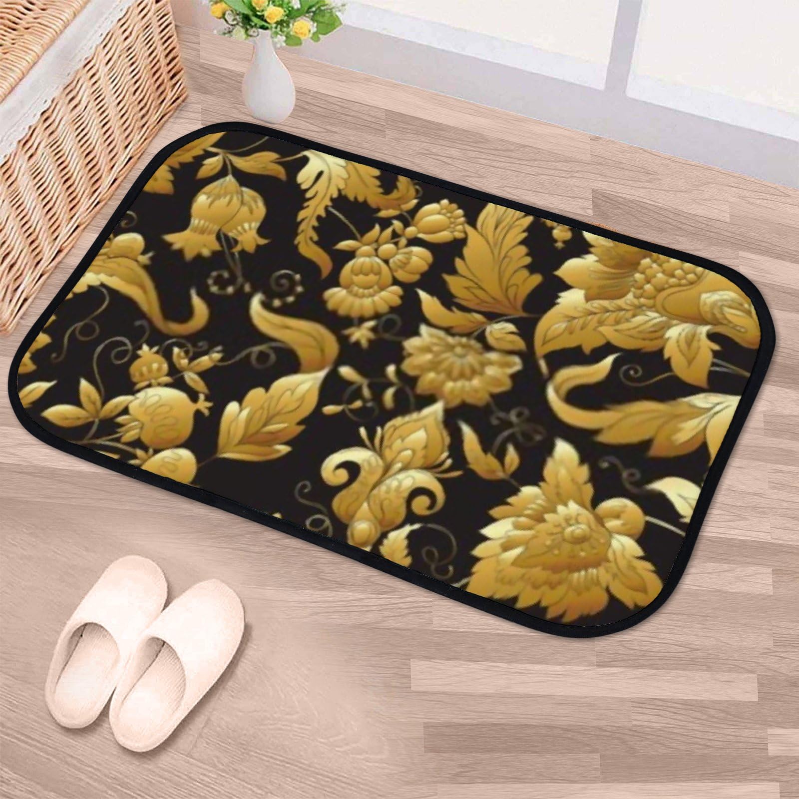 Nuansexi Bathroom Rugs Stylized Flowers Retro Style Gold Black Floor Mats Non Slip Bathmat Doormat Tub Mat Coral Velvet Absorbent Entrance Carpet Mats Machine Washable Bedroom Decor