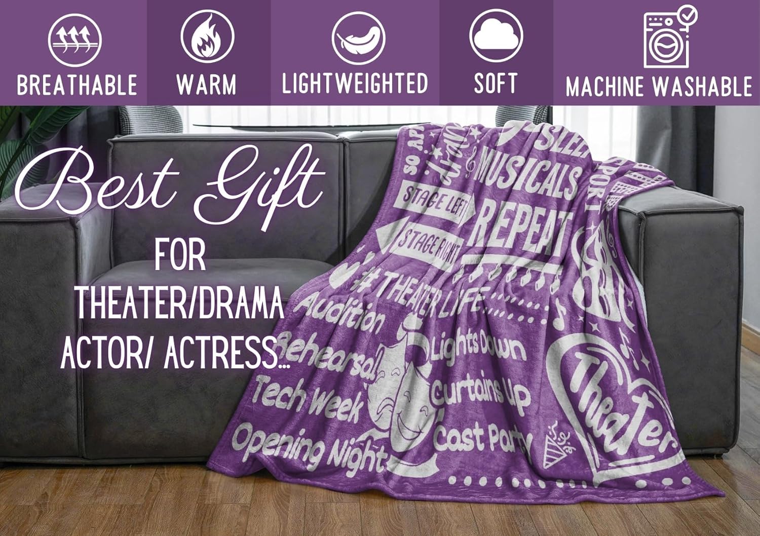 Theater Gifts Blanket Throw - Gift for Broadway Theatre Lovers Girls Boys Women - Eat Sleep Musicals Repeat - 60" x 80", Purp