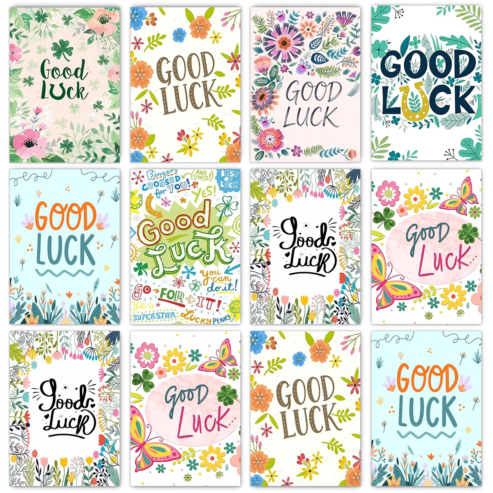 Mtjkkpo16 Pack Good Luck Cards, Greeting Cards Set with White Envelopes & Clover Stickers, 8 Unique Designs, Graduation Card for Students Leavers Teacher Congratulations Goodbye