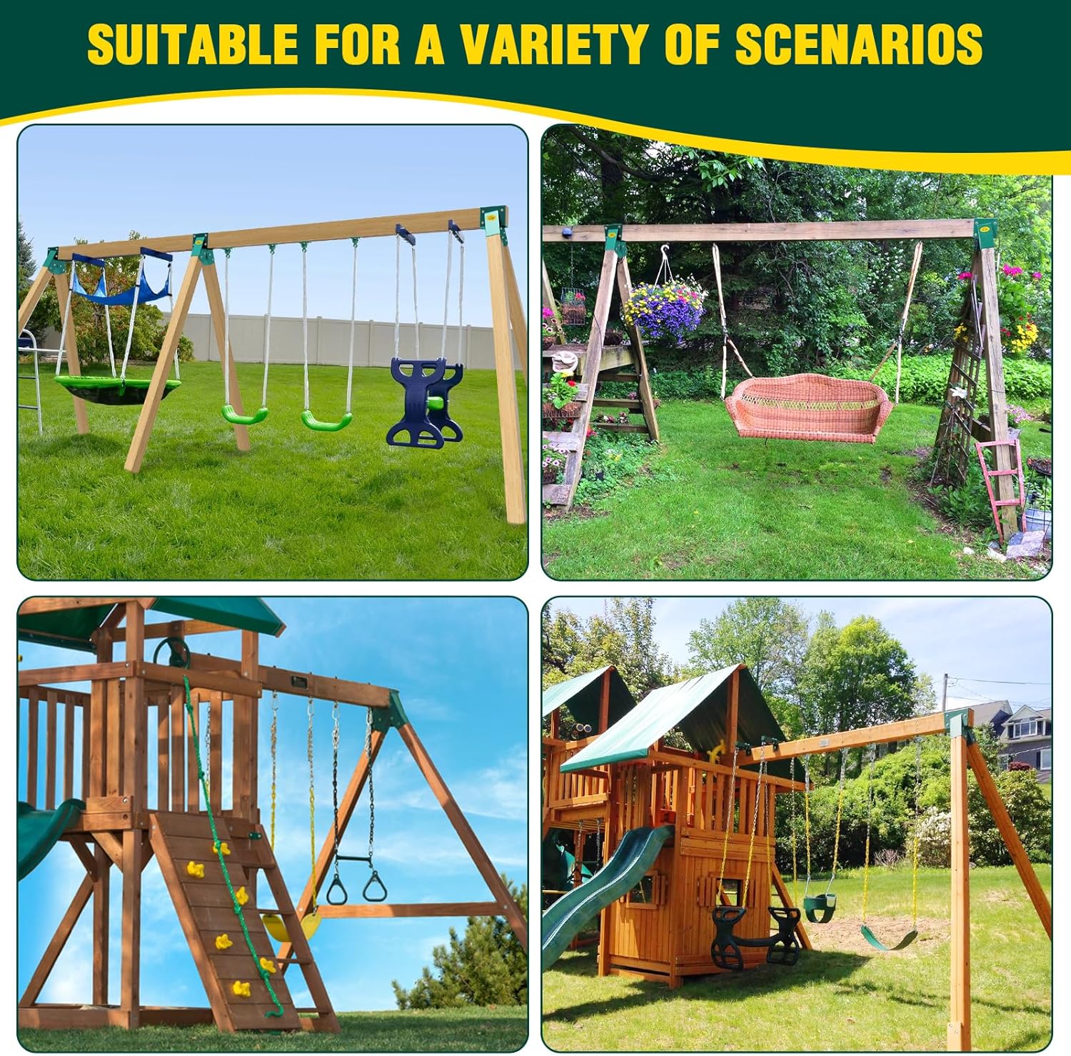BETOOLL Swing Sets Brackets - 2 A-Frame Swing Set Brackets and 1 Middle Swing Bracket with All Mounting Heavy Duty Hardware Included - Swing Set Kit for Porch, Yard, Playground - Green