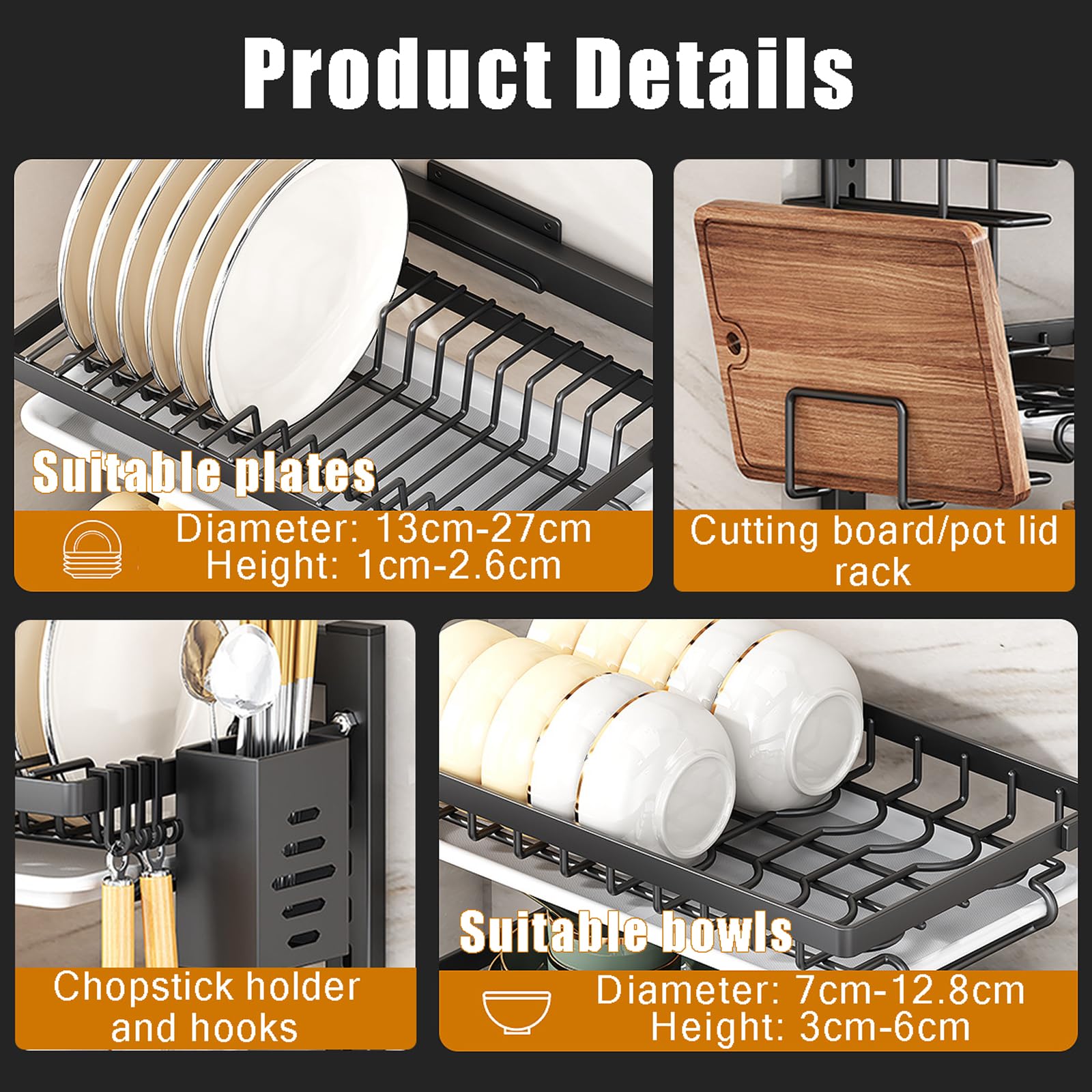 Escurridor de Platos de Pared, escurridor de Platos de Cocina de 2/3 Niveles, Rejilla para secar Platos, escurridor de Platos Colgante con Ganchos, Ajustable, para Utensilios de Cocina.