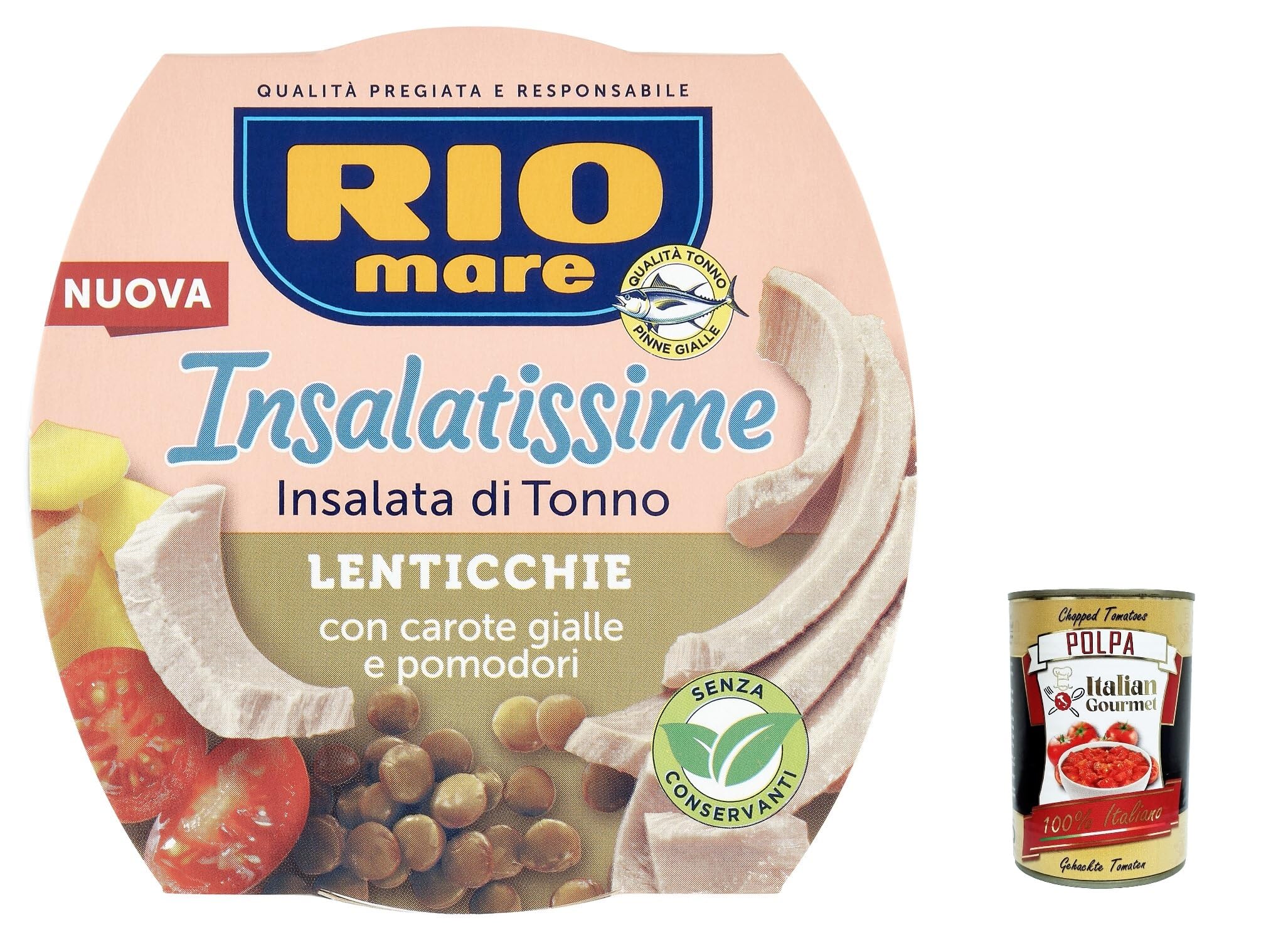 Ensalada de atún Rio Mare Insalatissime Insalata di Tonno Lenticchie con lentejas, zanahorias amarillas y tomates 160 g de comida preparada + polpa italiana gourmet 400 g
