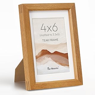 Fun Memories 4x6 Picture Frame, Natural Solid Teak Wood Photo Frame with HD Tempered Glass, Modern Simple 4x6 Wooden Frame Matted to 3.5x5, Wall or Tabletop Display