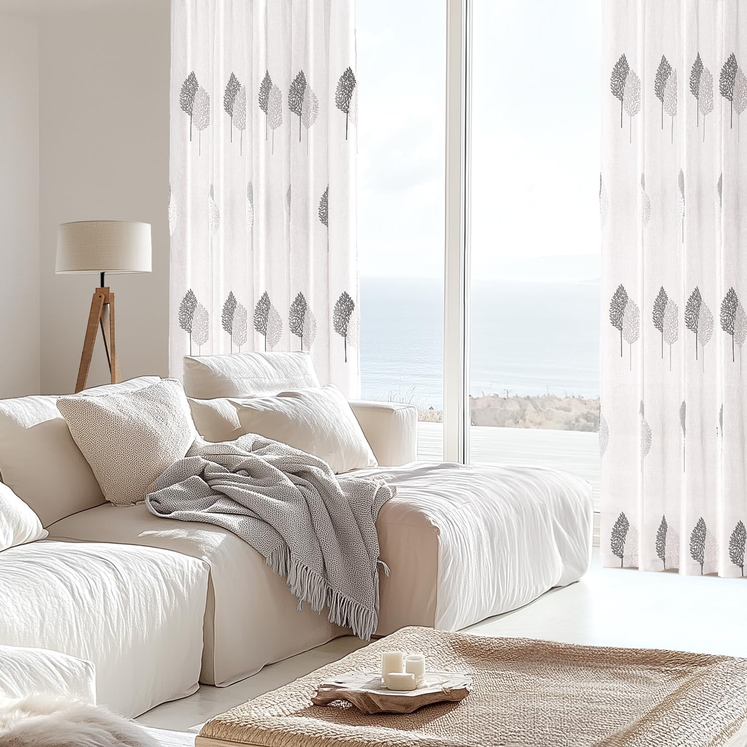MIULEE Tende Voile trasparenti ricamo foglia passanti 2pz Grigio 140x290cm | Tende voile trasparenti con ricamo foglia, passanti fissaggio, eleganti per soggiorno e camera da letto