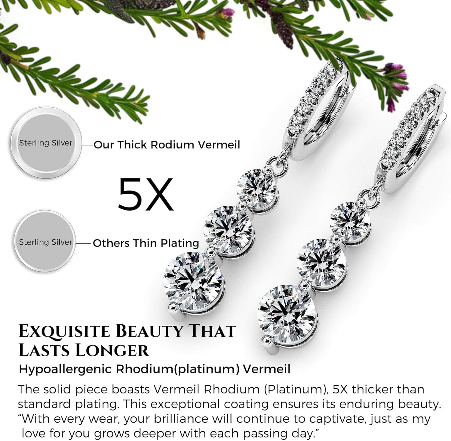 Moissanite Three-stone Diamond Drop Earrings for Women S925 Rodium Vermeil Sterling Silver Trilogy Dangle for Wife Girlfriend Mom Gifts for Her Daughter on Birthday Wedding Anniversary - Image 6