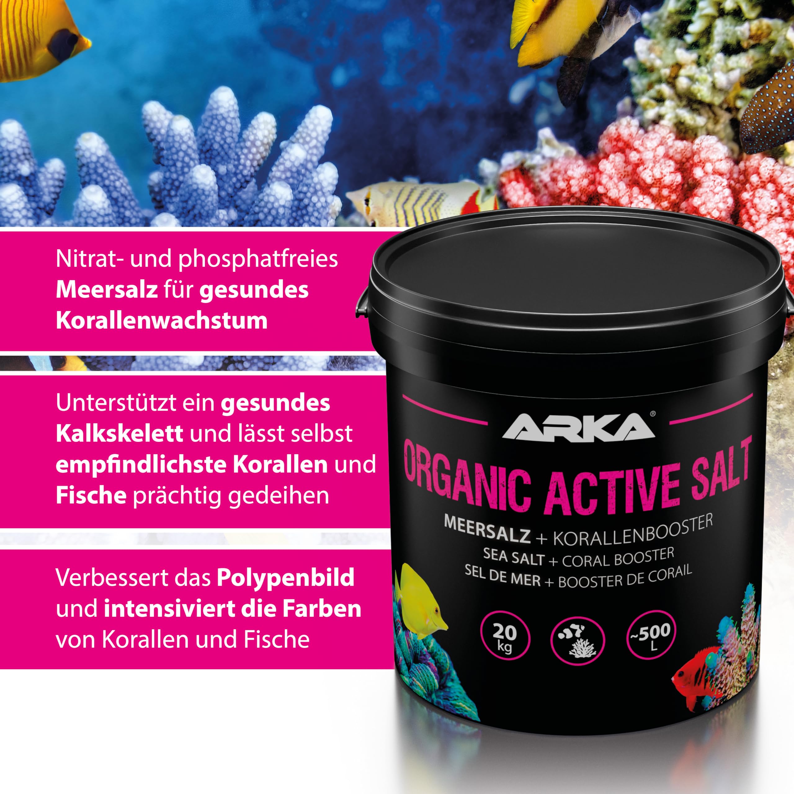 Riffsalz Meerwasser 10 kg – organisch aktives Meersalz für Korallenwachstum, Farbenpracht & stabile Wasserwerte – schnell löslich, phosphatfrei und nitratfrei – ARKA Organic Active Salt