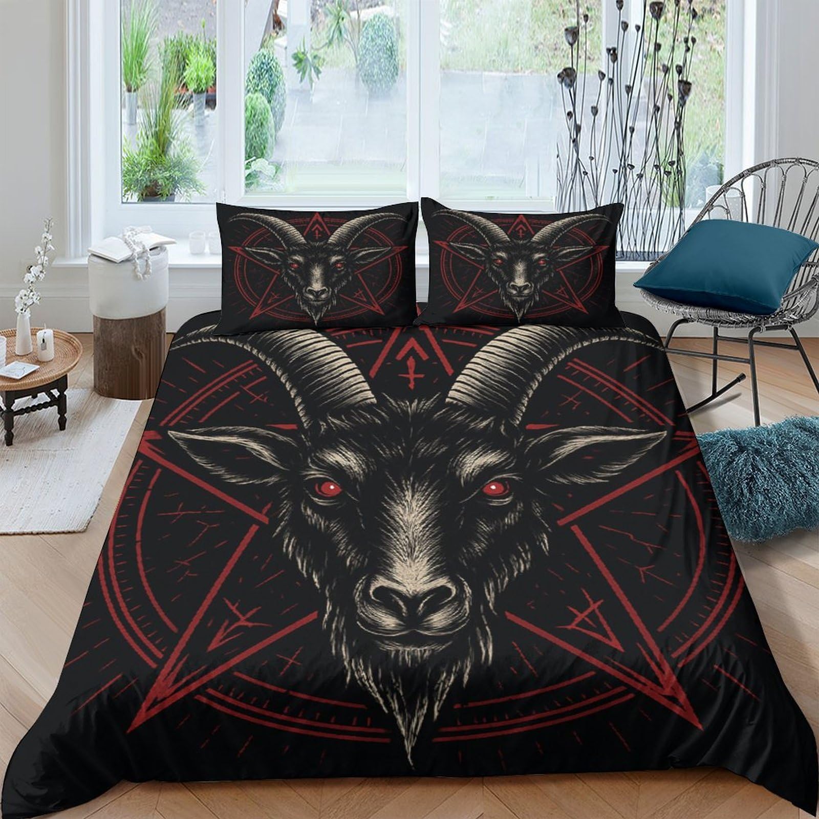 Ctjqhvkz Style-7 3D Printed Gothic Goat Head Fitted Sheet Microfiber Black Pentagram Mattress Cover Bedroom Decor Protection Single（135X200cm）