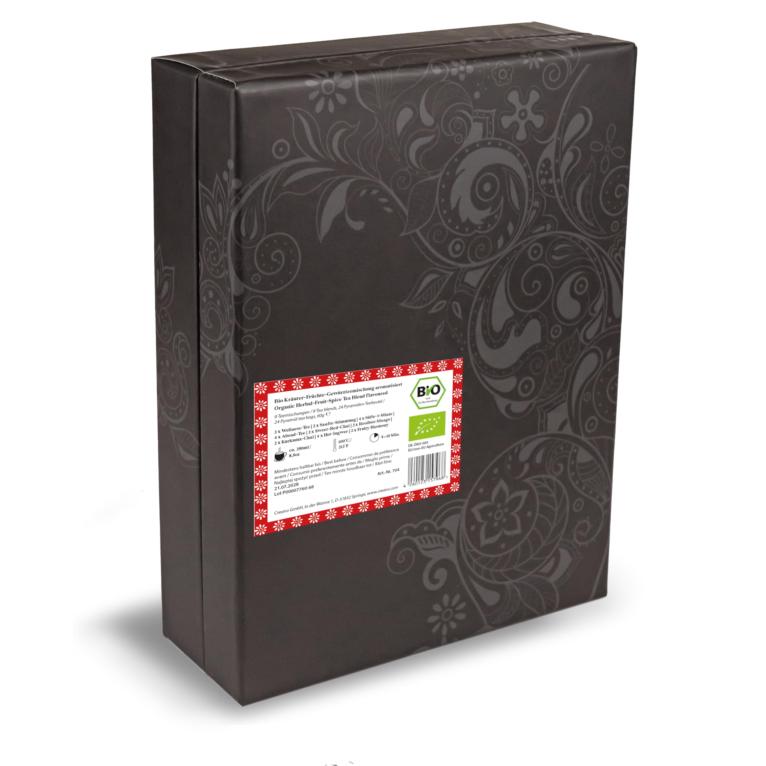 Creano Set de Regalo de Té Bio Orgánico Infusión de Hierbas 24 Bolsitas Piramidales 9 Variedades Sin Cafeína