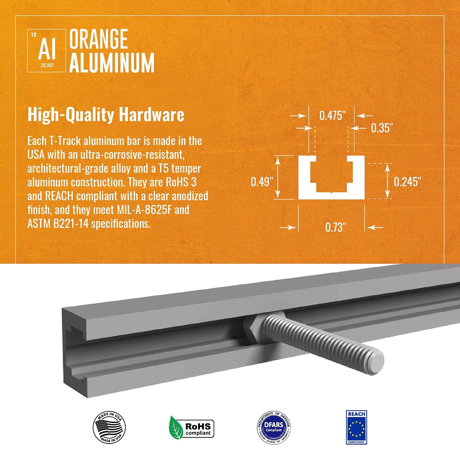 T-Track by Orange Aluminum, Tool Track Mounting Hardware for Equipment with Holes, 36 Inches