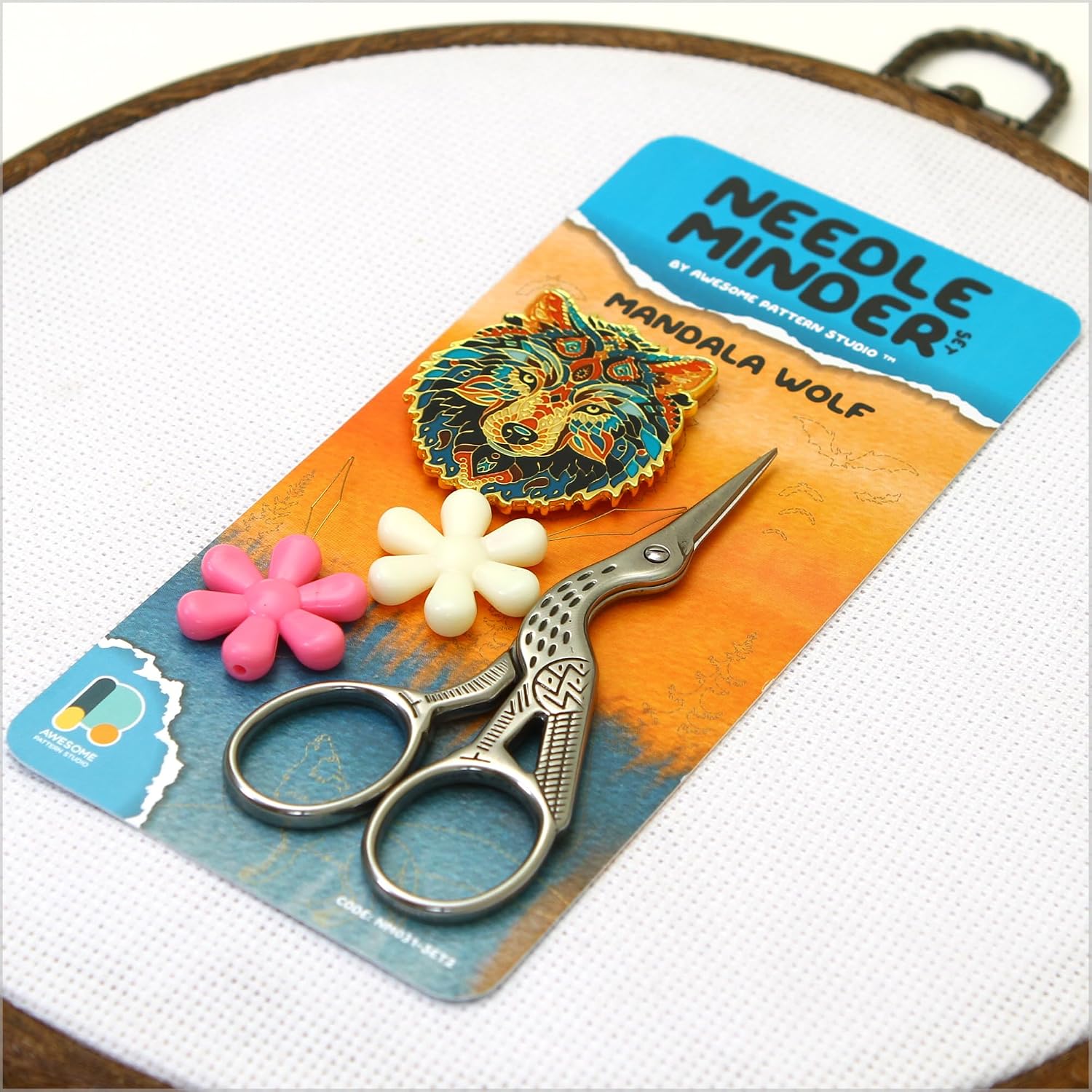 Awesome Pattern Studio Needle Minder Set - Mandala Wolf Magnetic Needle Minder + 2 Needle Threaders. Enamel Pin for Cross Stitch, Embroidery and Craft