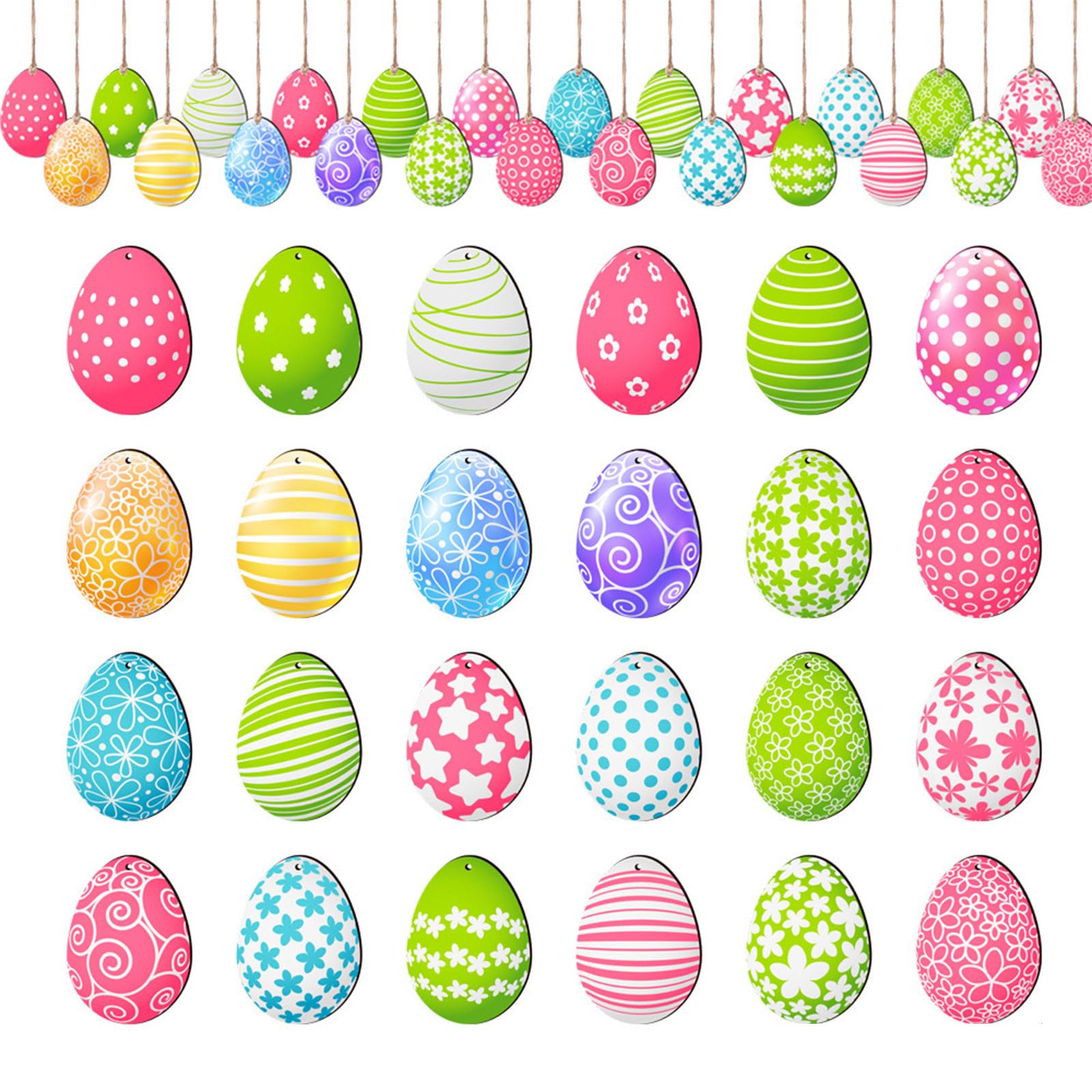 Buxuaaaa 24Pcs Easter Wooden Hanging Ornaments Spring Wooden Slices Eggs Decoration Pendants with Rope Easter Ornament