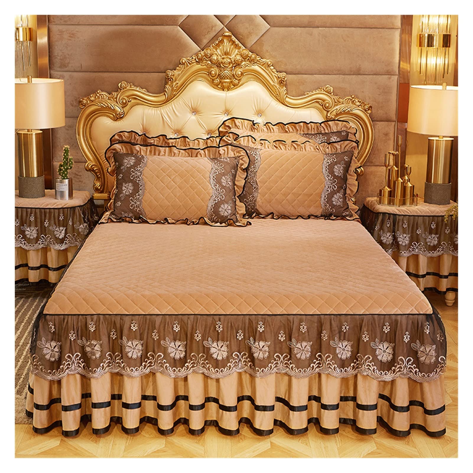 Luxury Bedding Style Bedspreads On The Bed Lace Bed Skirt Pillowcases Crystal King Queen Size Home Textiles(Camel,1 Pc skirt 180x220cm)