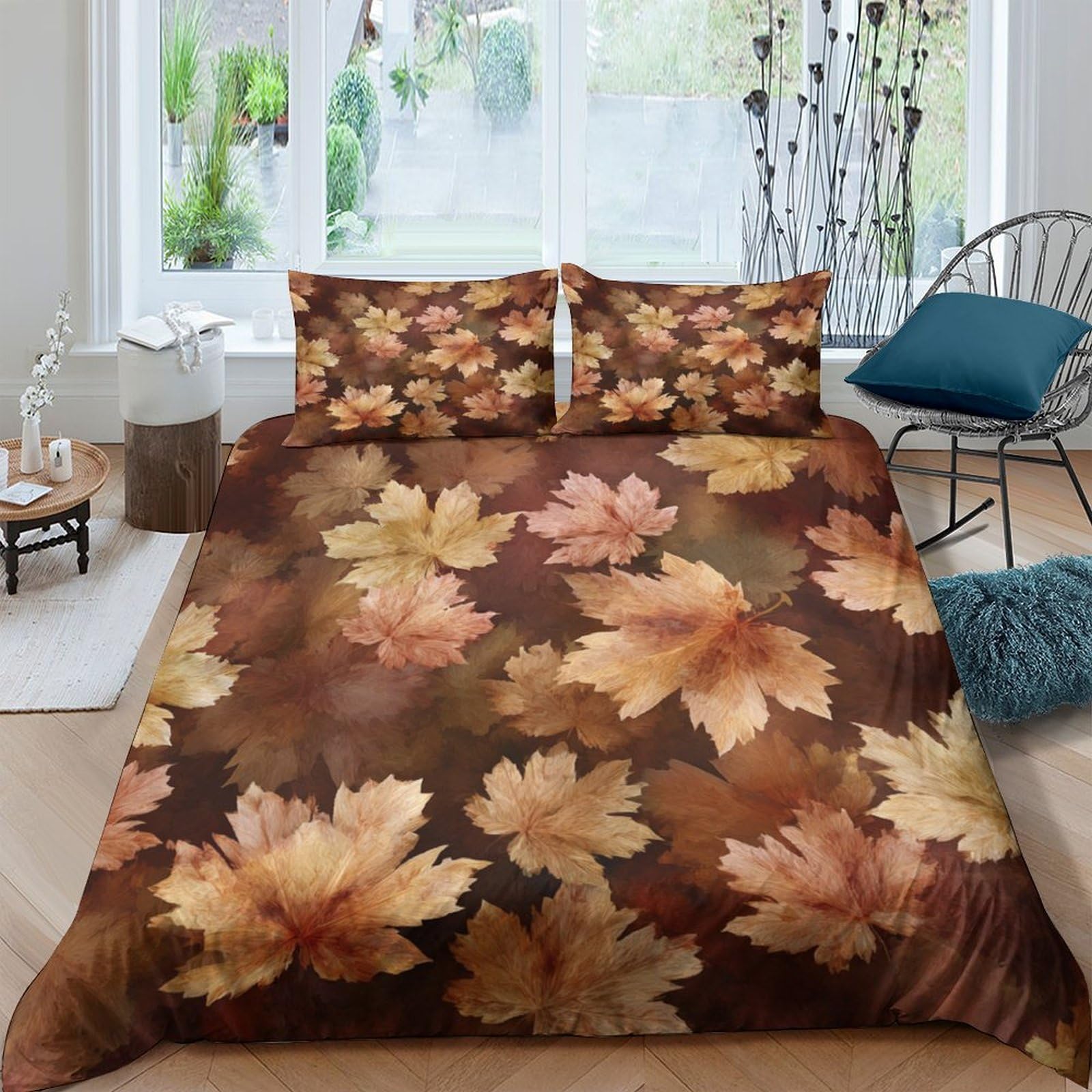 GPLZQXKJNH 3D Printed Autumn Maple Leaves Duvet Cover Microfiber Soft Breathable Fall Leaf Bedding Set with 2 Pillowcases for Bedroom Decor Single（135x200cm）