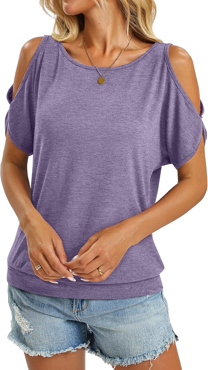 Womens Cold Shoulder Tops Banded Bottom Boat Neck T Shirts Summer Sexy Casual Loose Fit Clothes 2026 - Image 5