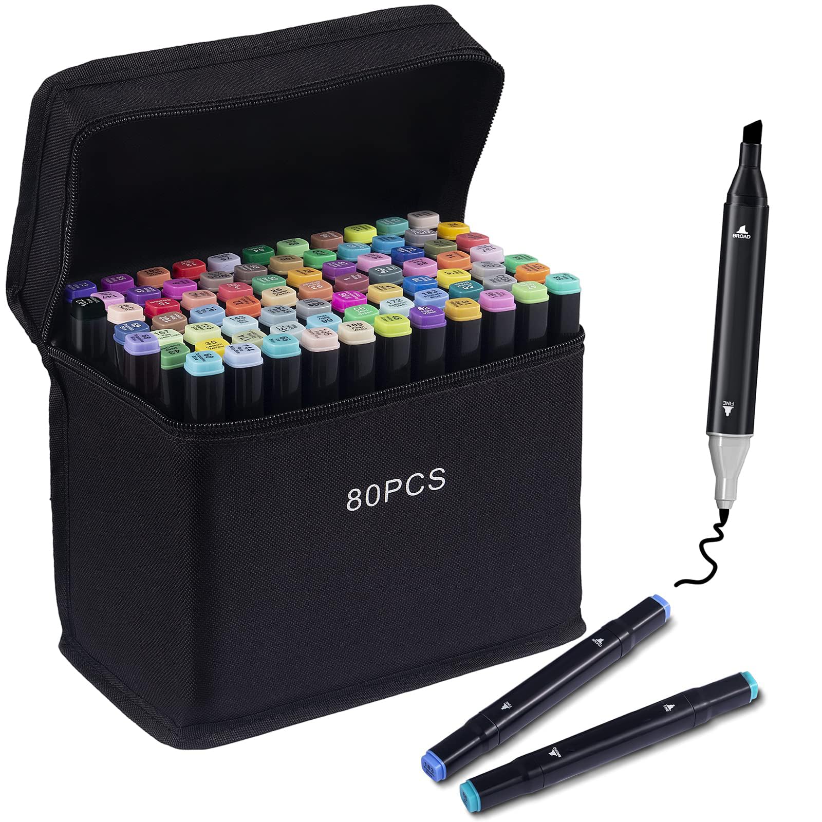 chfine 80 Colors Markers, Dual Tip Art Alcohol Markerpen Set, Permanent Sketch Markers for Adults Artists, Alcohol Based Marker for Coloring Illustrations Drawing Designing (Black)