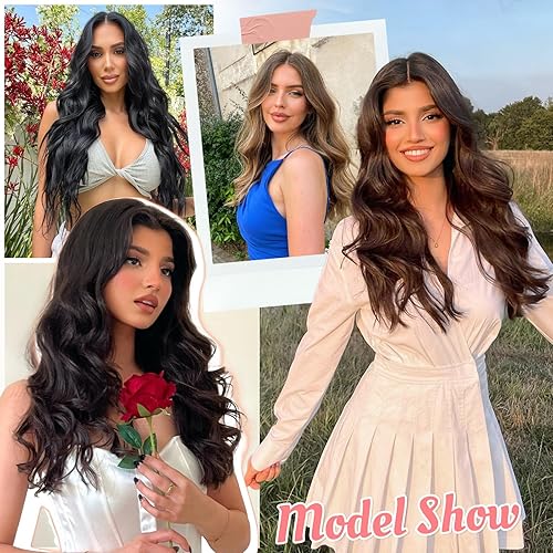 Miniatura 120 de Synthetic Clip in Hair Extensions, 6PCS Natural &Soft Hair& Blends Well Lonng Wavy Hairpieces(20inch,6pcs, Black with Brown Highlights)