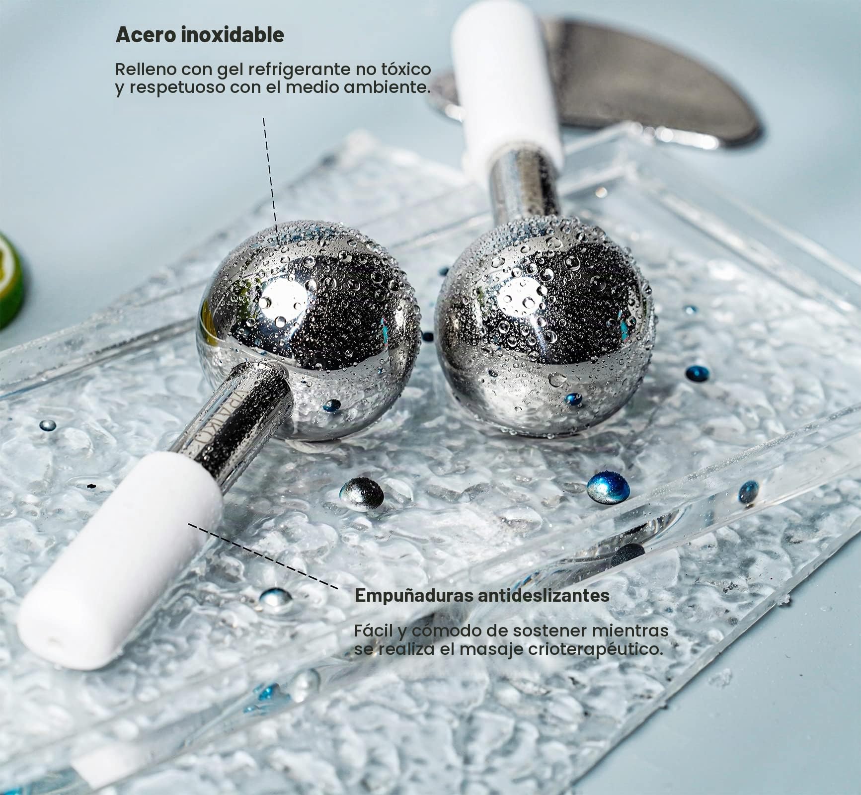 VRAIKO ICES Globes Gua Sha Set, herramientas faciales Gua Sha, acero irrompible, masajeador facial, rodillos refrescantes para ojeras, hinchazón y drenaje linfático (Blanco)