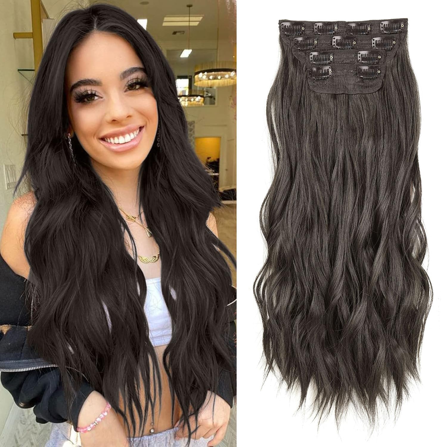 Mscat 16 Inch Wavy Clip in Hair Extensions Dark Brown Synthetic Thick Curly Hair Pieces for Women Girls 4PCS Full Head Set