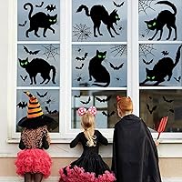 Vista 6 de Decoración de Halloween para ventana de gato negro, espeluznante casa embrujada, murciélagos, telaraña, calcomanías aterradoras, silueta extraíble