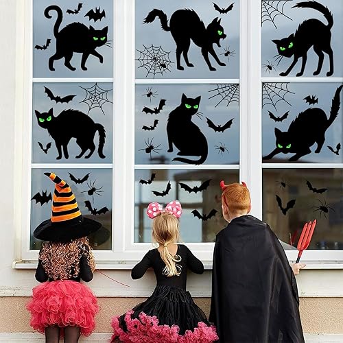 Miniatura 6 de Decoración de Halloween para ventana de gato negro, espeluznante casa embrujada, murciélagos, telaraña, calcomanías aterradoras, silueta extraíble