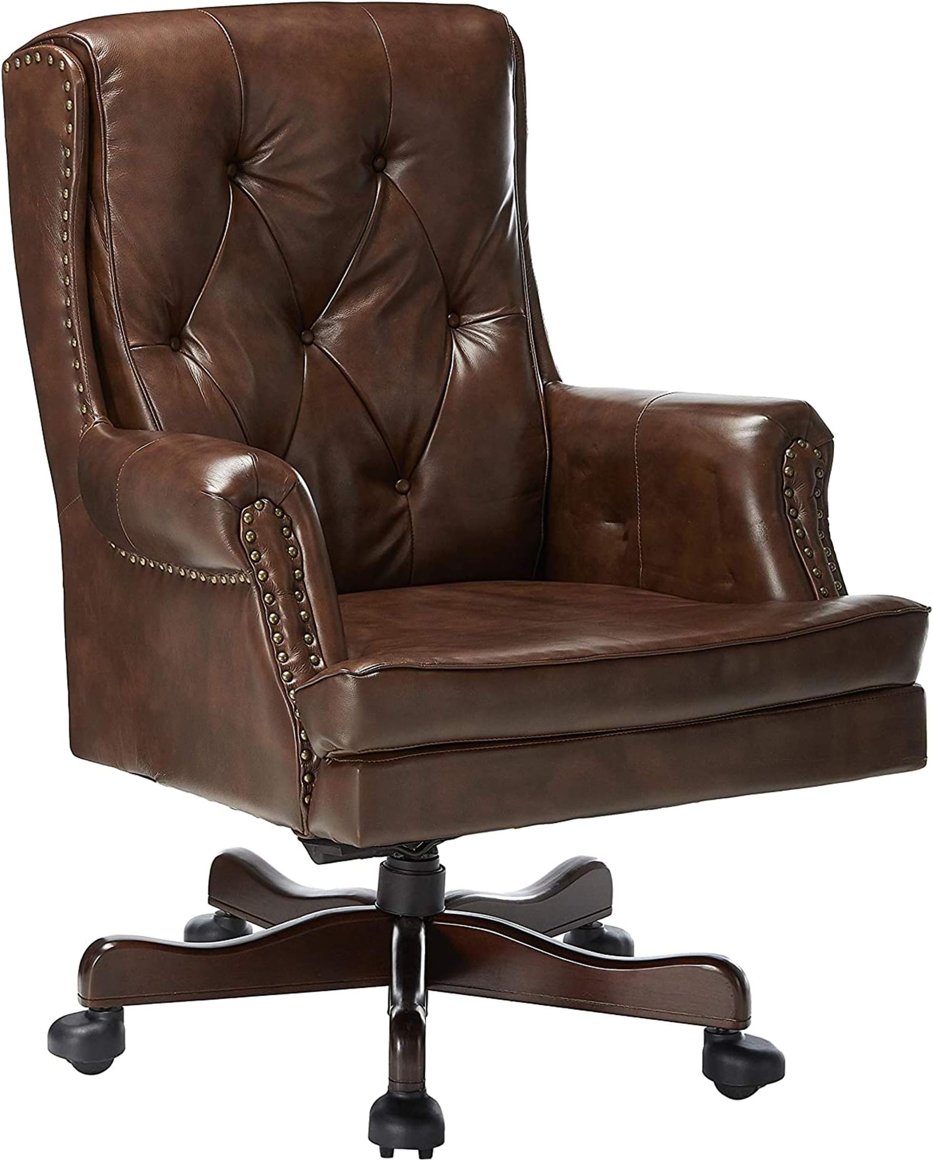 Halter PU Leather Executive Office Chair Plush Padded Seating with Real Wood Legs, Brass Nail Head Trim, Pneumatic Gas Lift, Classic Button Tufted Style for Home or Business (Classic Brown)