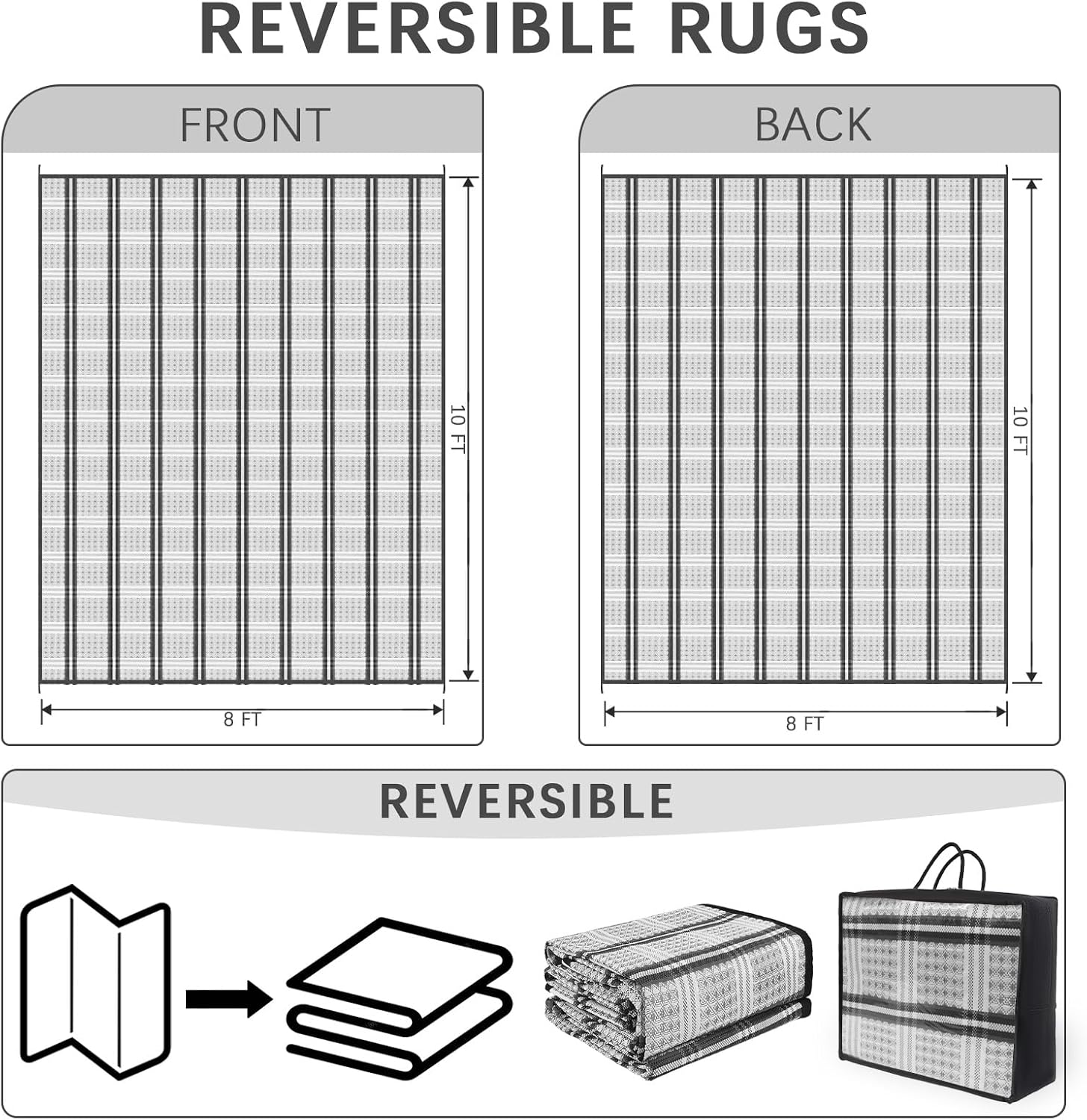 KANAGAWA Outdoor Rug Waterproof, 8x10 ft Reversible Plastic Straw Braid Rug Outdoor Carpet RV Mat for Patio, Porch, Picnic, Balcony, Deck, Backyard, Grey & White