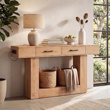 63 Inch Long Console Table with Power Outlet LED Lights, 2-Tier Storage Entryway Sofa Table with Drawers,Farmhouse Wood Behind Couch for Living Room,Hallway,Natural
