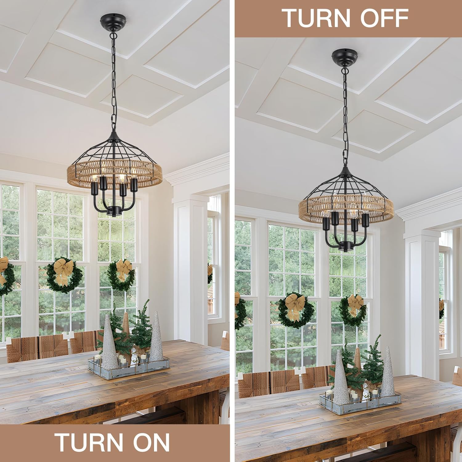 KEESFU Boho Pendant Light Chandelier Light, Farmhouse Rattan Hand-Woven Light Fixture,Adjustable Coastal Hanging Ceiling Chandelier for Dining Room Kitchen Island Foyer.