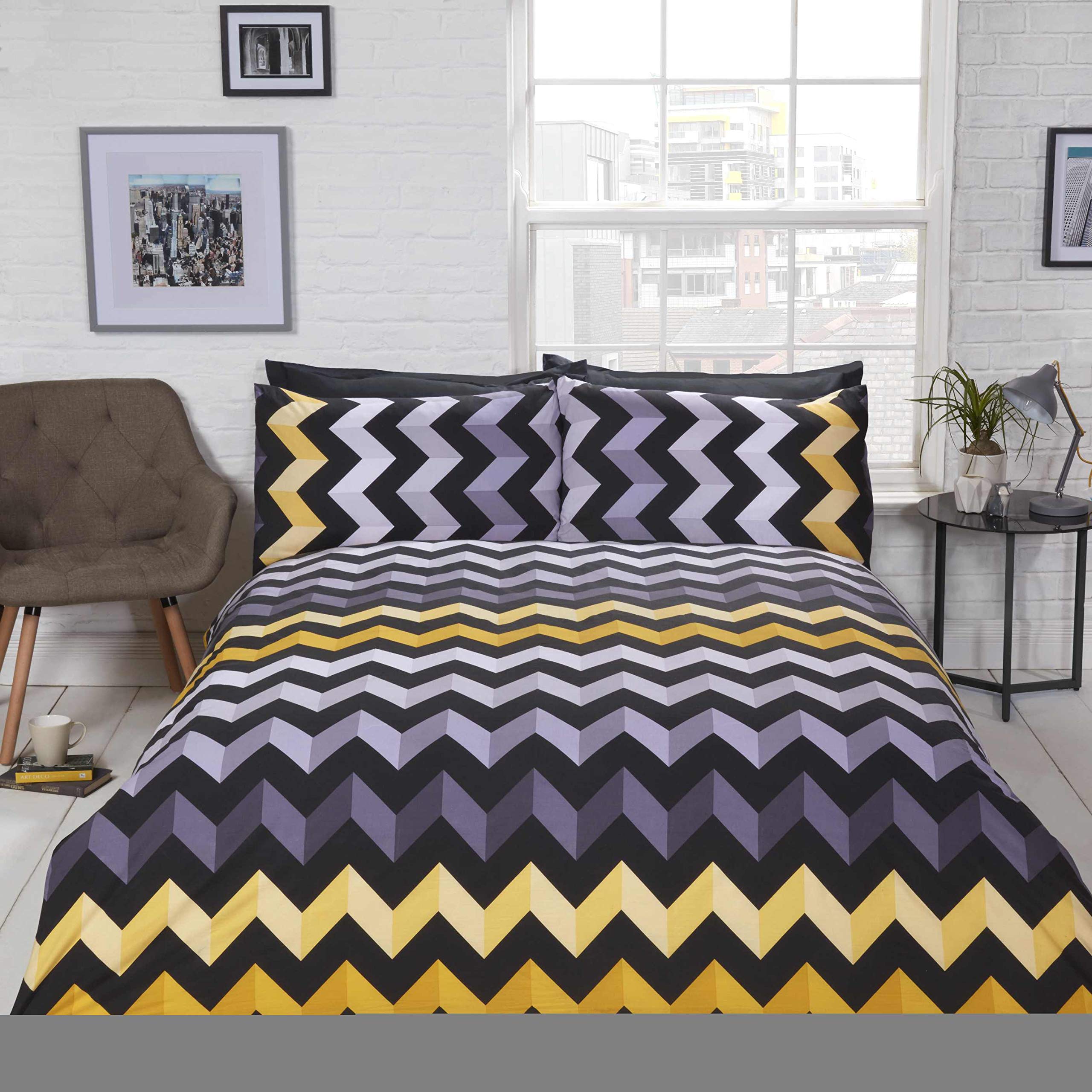 RAVALI 3D Abstract Bold Bright Duvet Set Quilt Cover Bedding Reversible Chevron Stripes (Ochre Yellow Grey, King)