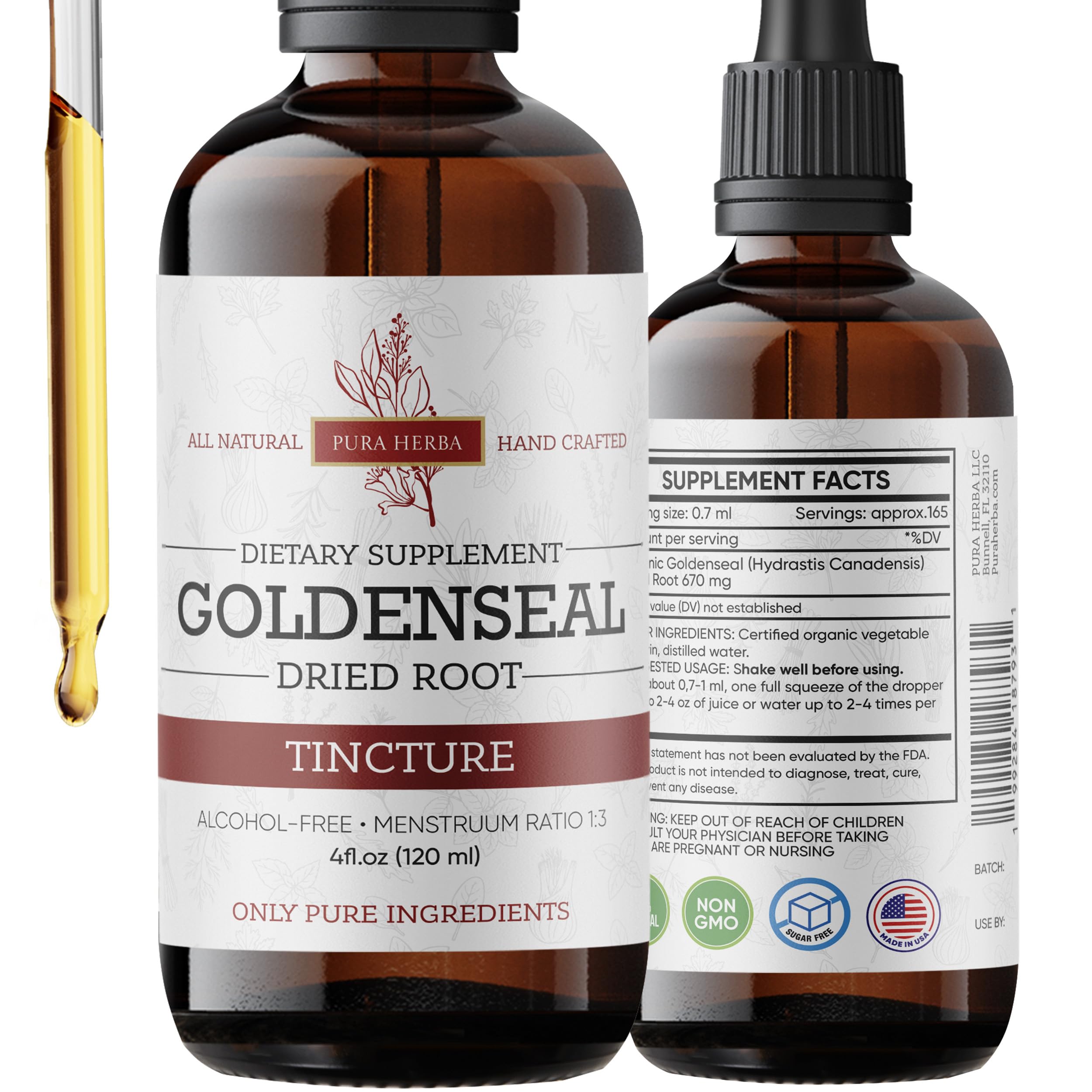 Pura Herba Goldenseal Tincture | Premium Alcohol-Free Herbal Extract from Goldenseal Root | Liquid Botanical Supplement | Traditional Herbal Formula | Made in USA - 4 oz (120 ml) 4 Fl Oz (Pack of 1)