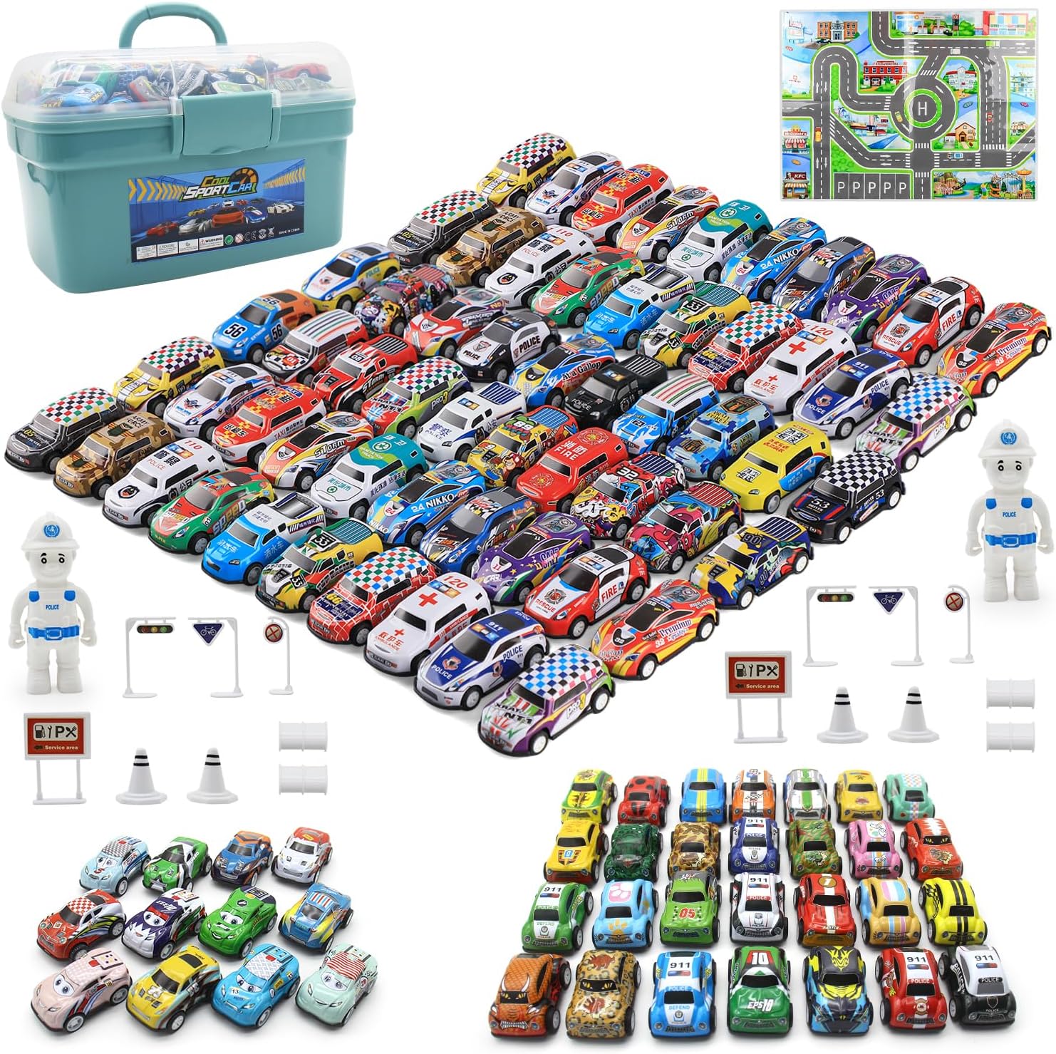 Mostop 100 PCS Mini Pull Back Car Set, Pull Back Racing Vehicles for Kids Toddlers, Kids Party Favors Car Pack Toy with Storage Box and Map, Bulk Small Vehicles, Push and Go Racing Cars for Kids