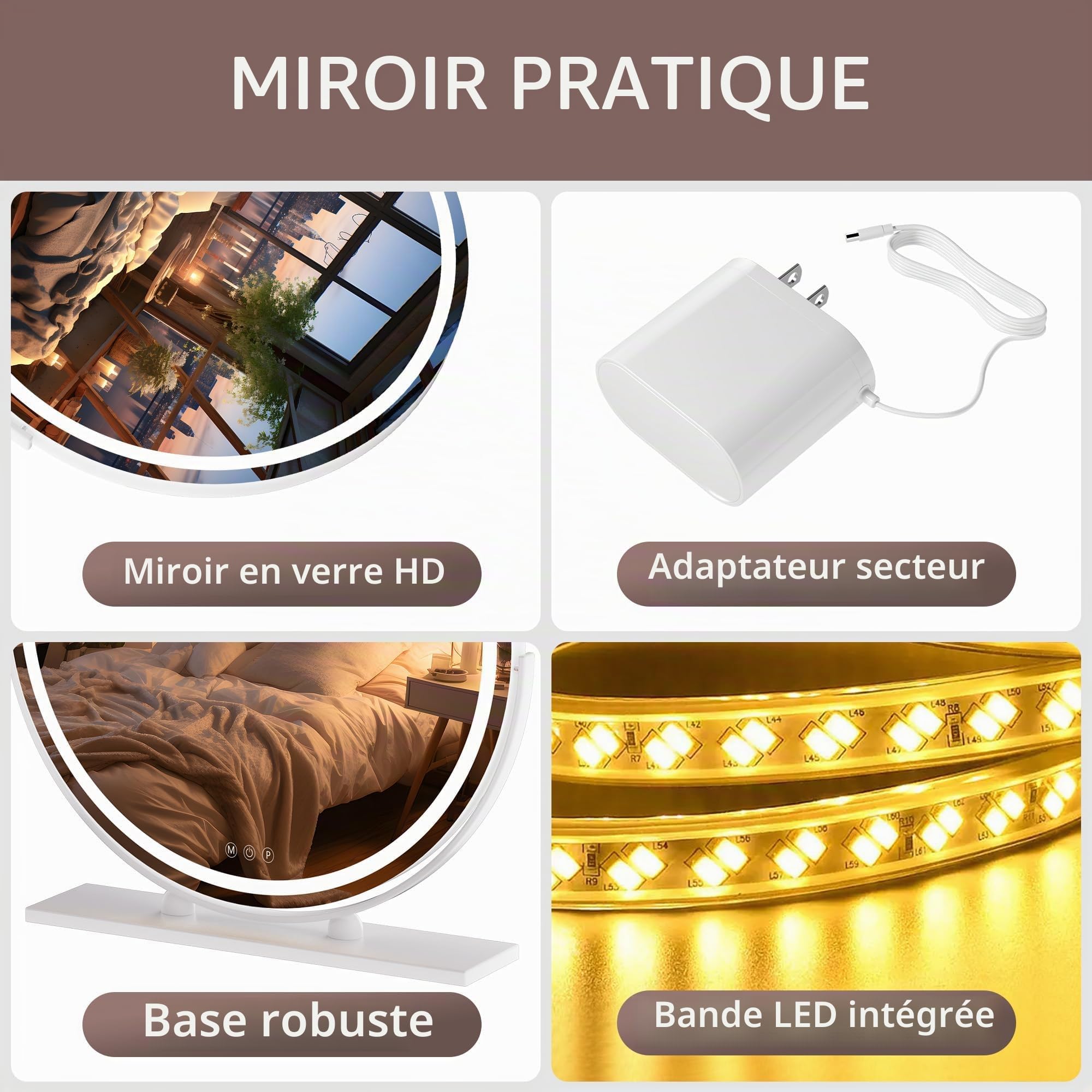 Hasipu Miroir de Coiffure avec éclairage, 60L x 60l cm, Miroir de Maquillage Lumineux avec Commande Tactile Intelligente, 3 Couleurs dimmables, Rotation 360°, Blanc Rond
