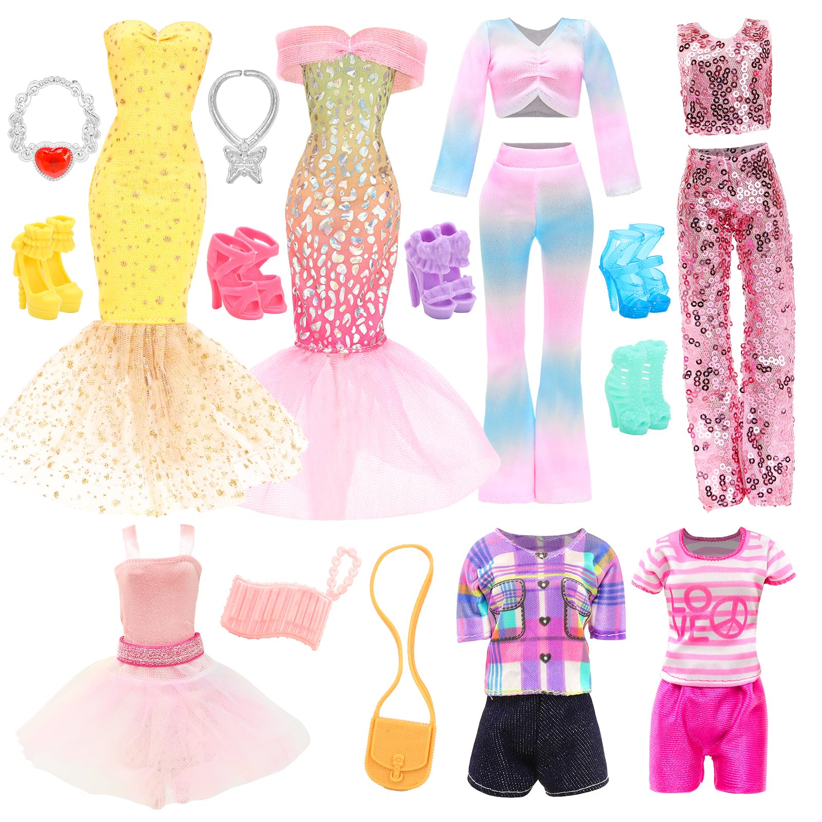 21 Pcs Doll Clothes and Accessories Includes 3 Pcs Mermaid Dress, Puffy Skirt 4 Sets Sequins Leisure Tops and Pants with 2 Bags, 2 Necklaces, 5 Shoes for 11.5 Inch Girl Dolls