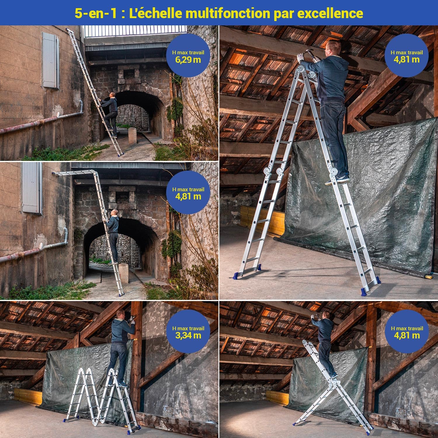 HOSTRÖM Echelle Pliante articulée STAVALANCE4x5, 5,7m, 20 marches, Multifonction, escabeau, Aluminium, H Travail Max 6,29m, Garantie 5 Ans