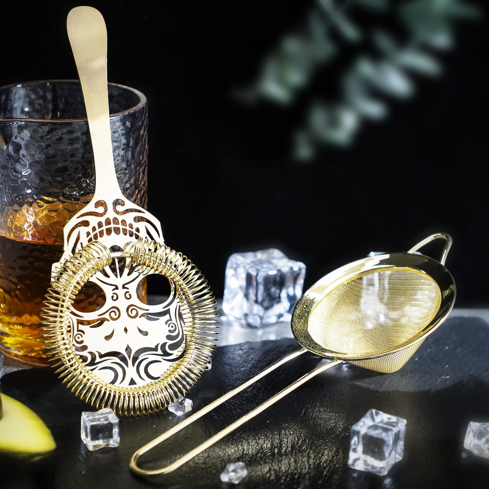 Juego de colador de cóctel de acero inoxidable, colador Hawthorne y colador de malla fina, juego de colador de bebidas dorado para bar, hogar y cocina 7