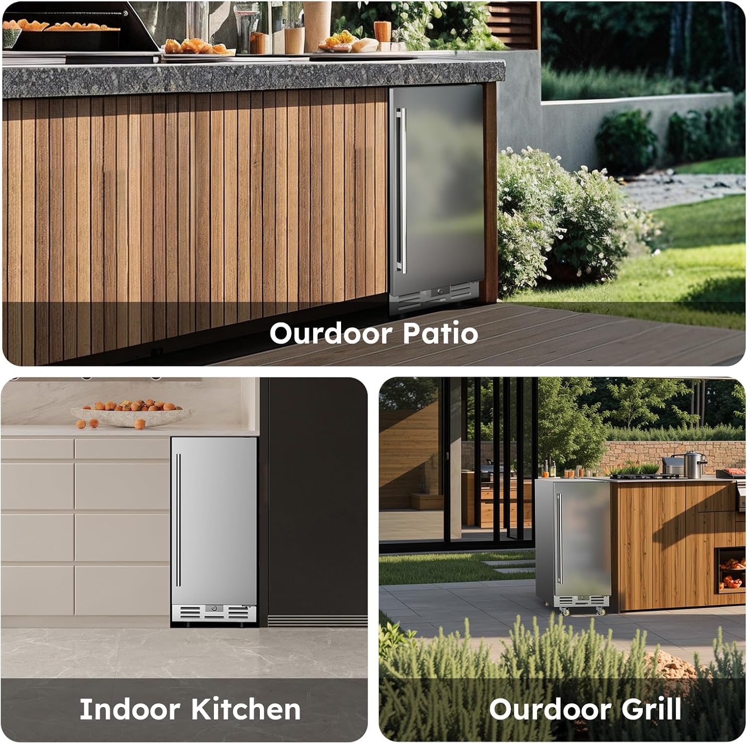 Outdoor Beverage Refrigerator, 15 Inch Stainless Steel Under Counter Beer Beverage Fridge for 120 Cans w/ 34-65℉, Indoor/Outdoor Beverage Refrigerator Beer Cooler with Lock, Built-in/Freestanding