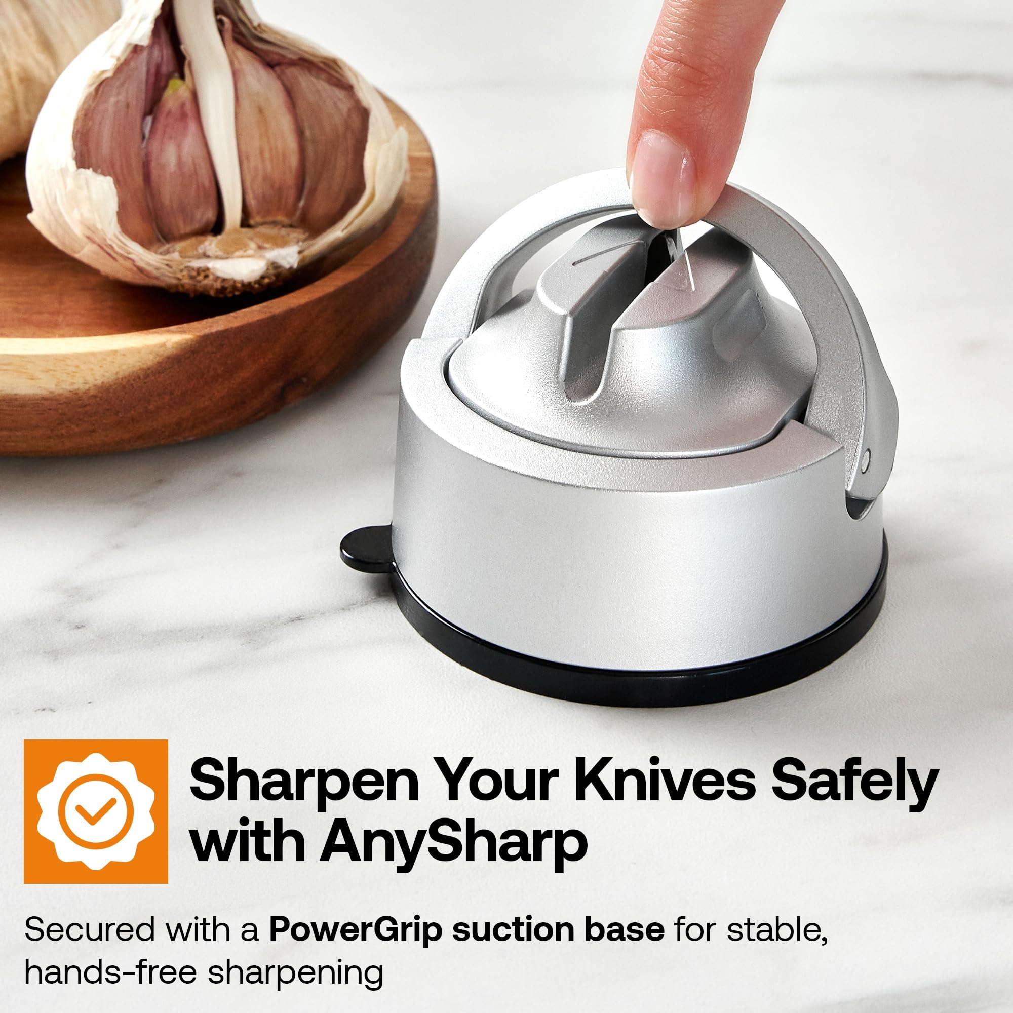 AnySharp Knife Sharpener, Hands-Free Safety, PowerGrip Suction, Safely Sharpens All Kitchen Knives, Ideal for Hardened Steel & Serrated, World's Best, Compact, One Size, Silver — view 63