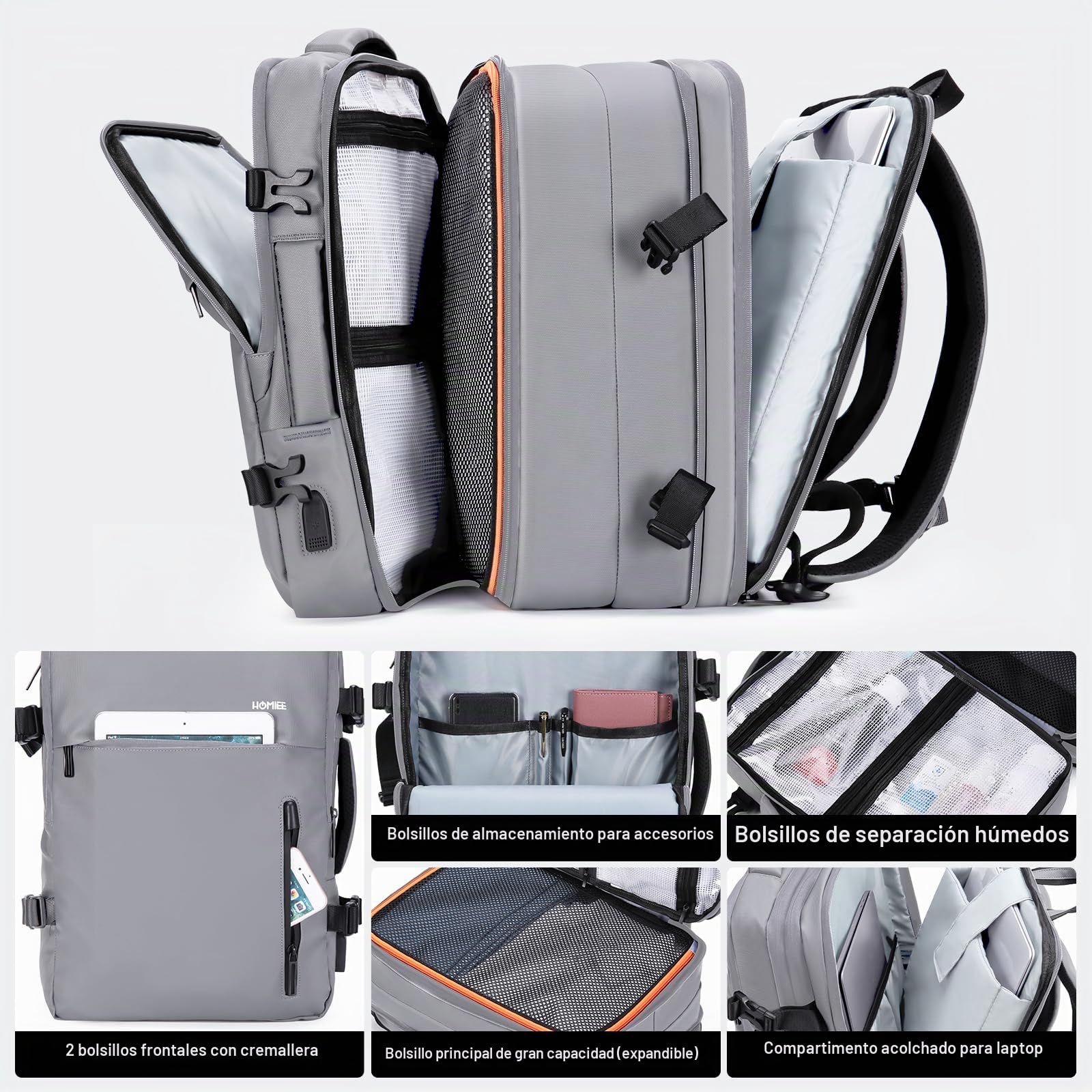HOMIEE 40L Mochila de Viaje 15.6 Pulgadas Mochila de Negocios Expandible Mochila para Portátil Cabina Mochila de Equipaje de Mano Antirrobo e Impermeable para Hombres y Mujere