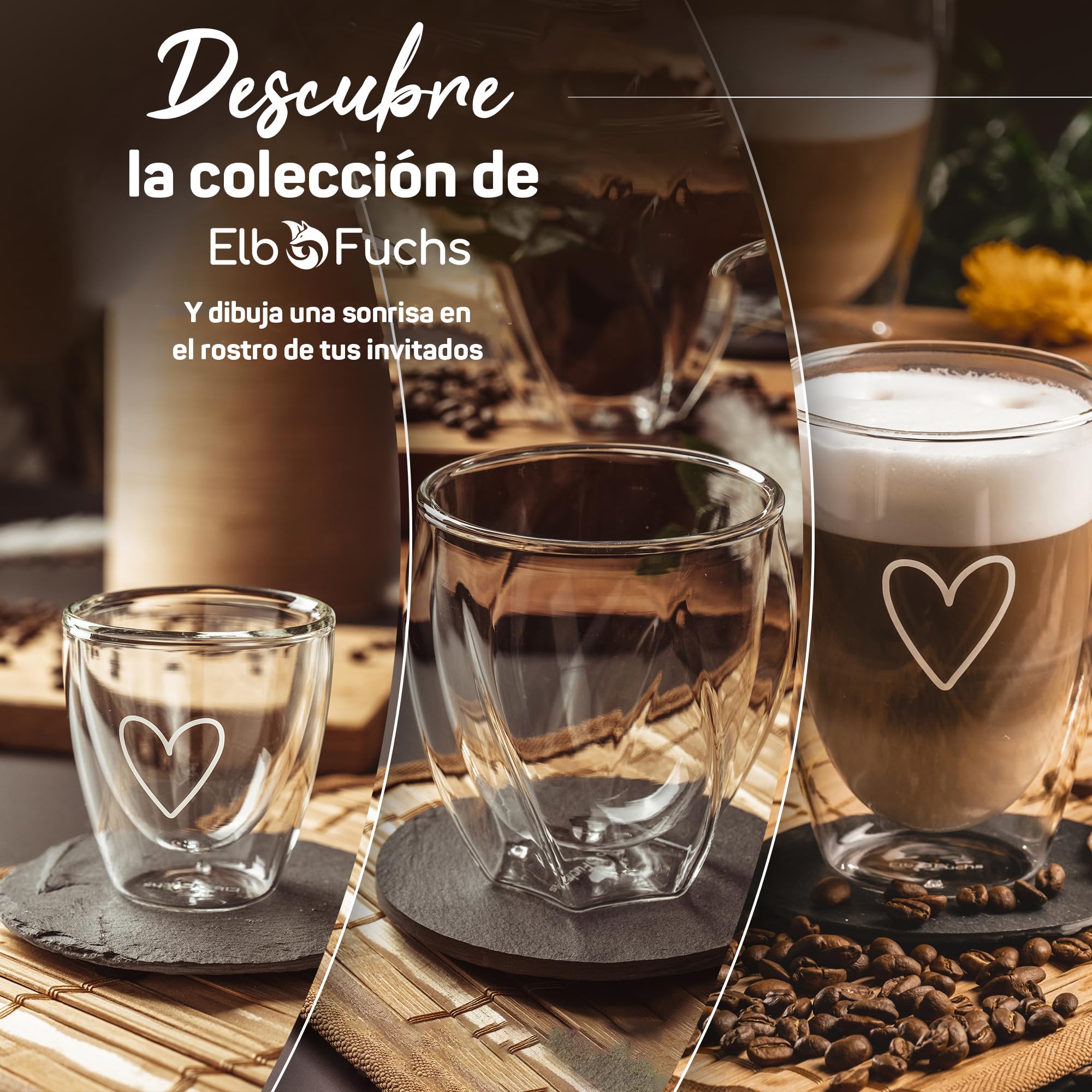 ElbFuchs® Tazas de Café de Cristal [4x350ml] Vasos de Doble Pared | Tazas cafe con leche | Vasos de cristal para Té, Café | Regalo original mujer cumpleaños, amiga, madre, boda para novios