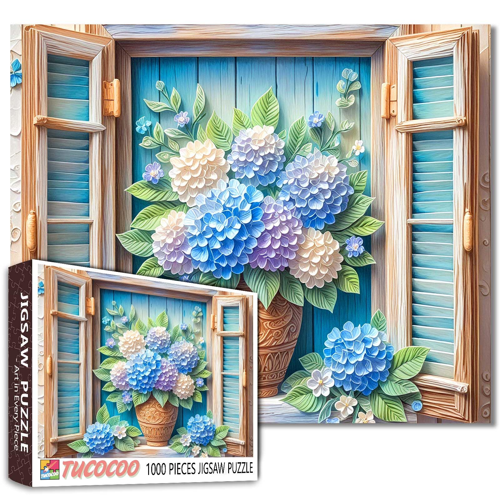 Hydrangea Flower Puzzle for Adults, 1000-piece Puzzle with Window View and Flower Paper, for Women, Men, Teenagers, Family Game Nights, Relaxing, Fun, Challenging Puzzle, Gift โ image 1