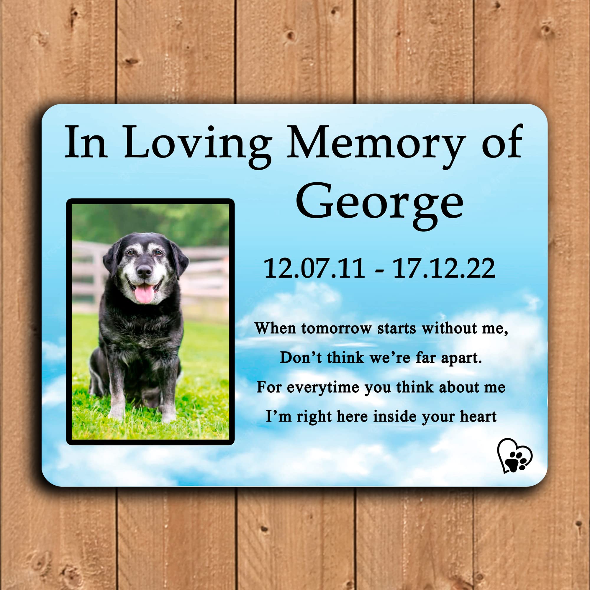 Personalised Pet Dog Memorial Loss Gift Plaque Heart Sign Poem Photo Gift Clouds