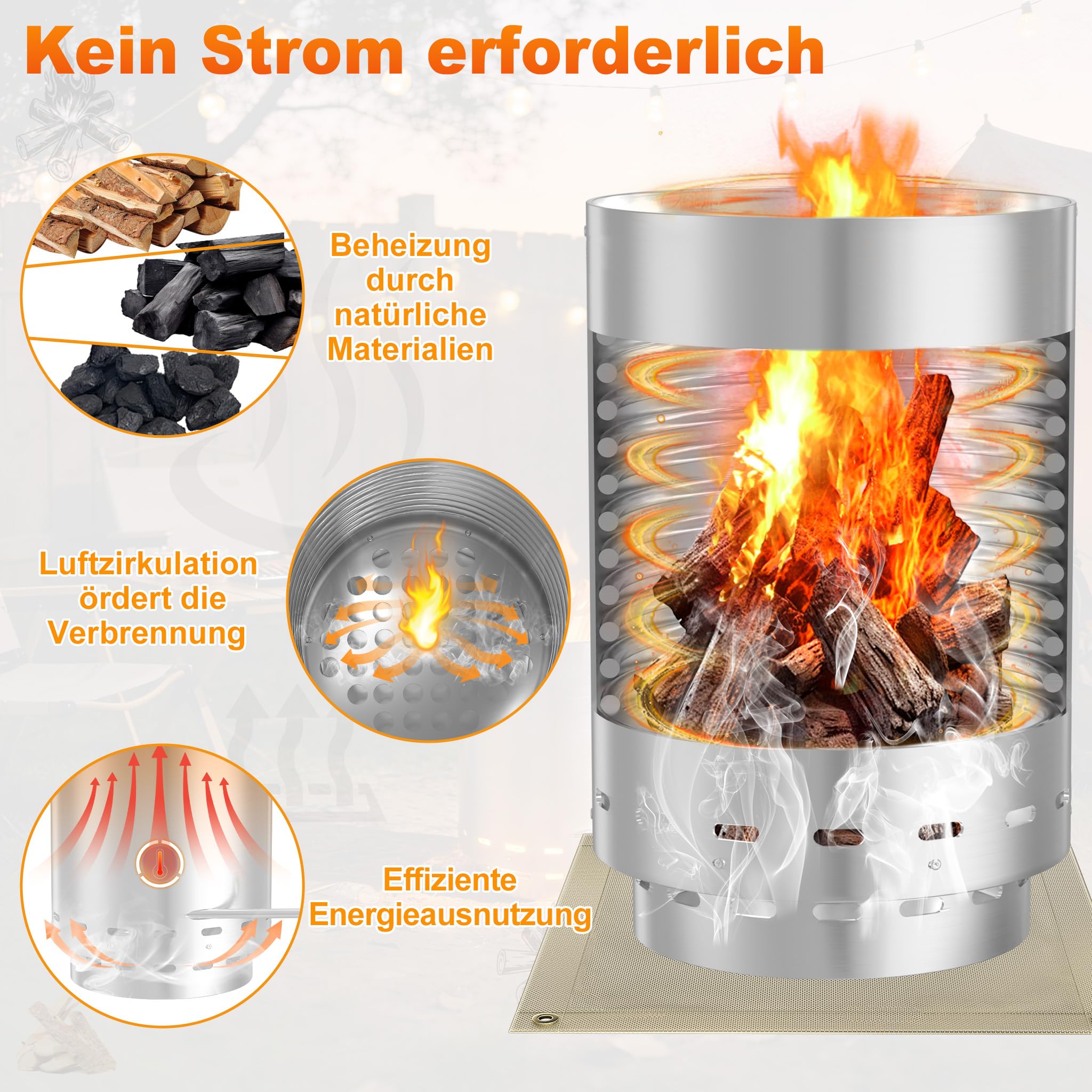 ACXIN 30x45cm Poolheizung mit Feuer, 32/38mm 2-in-1 Anschlüsse Edelstahl Feuertonne Brennholz Pool Heizung mit Ascheauffangboden und Heizspirale für Schwimmbäder, Poolofen Heizungen mit Matte