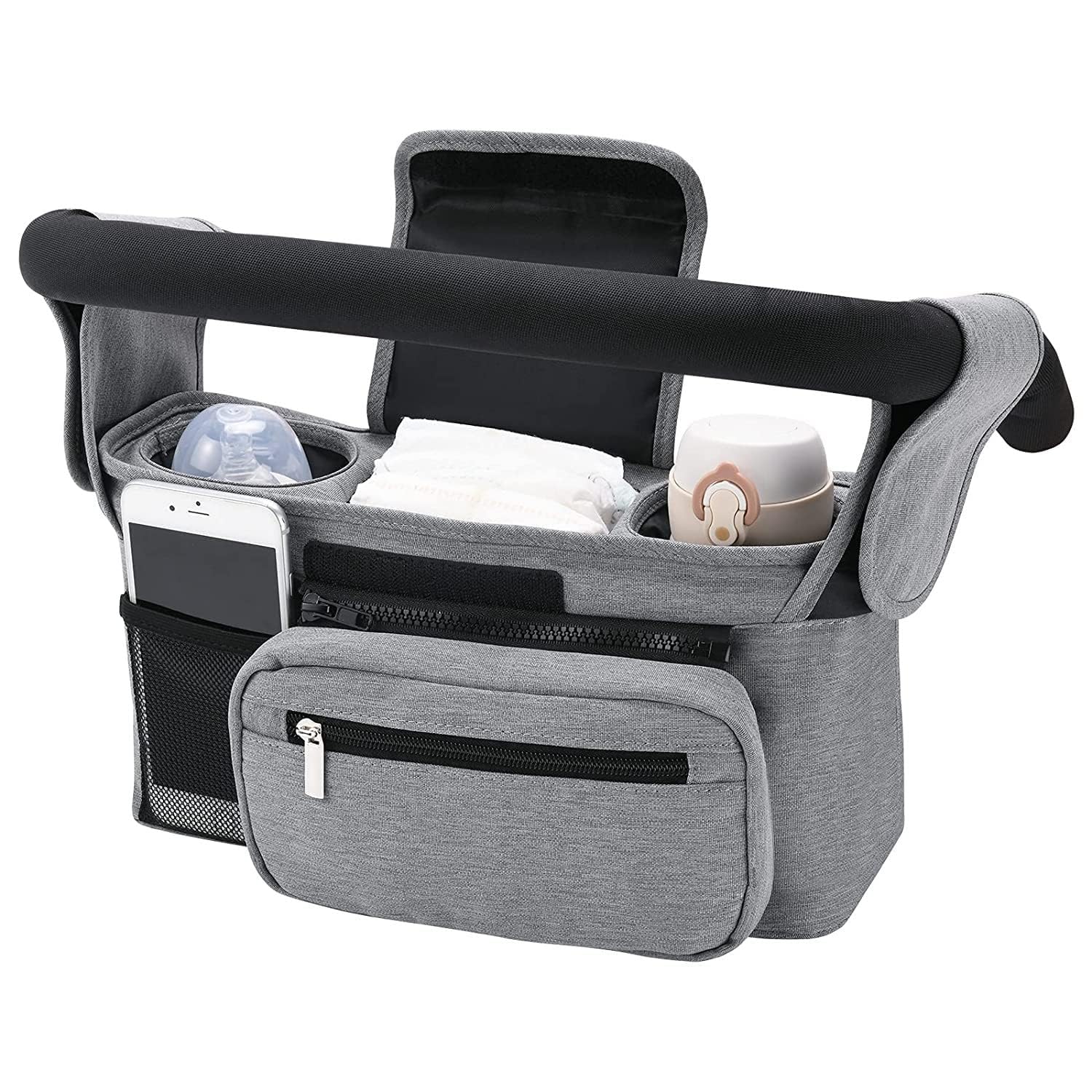 zeryor Baby Stroller Organizer, Universal Pram Bag with 2 Insulated Cup Holders, Detachable Phone Bag & Shoulder Strap, Water-Resistant Pushchair Organiser for Baby Essentials (Grey, 33x16x10cm)