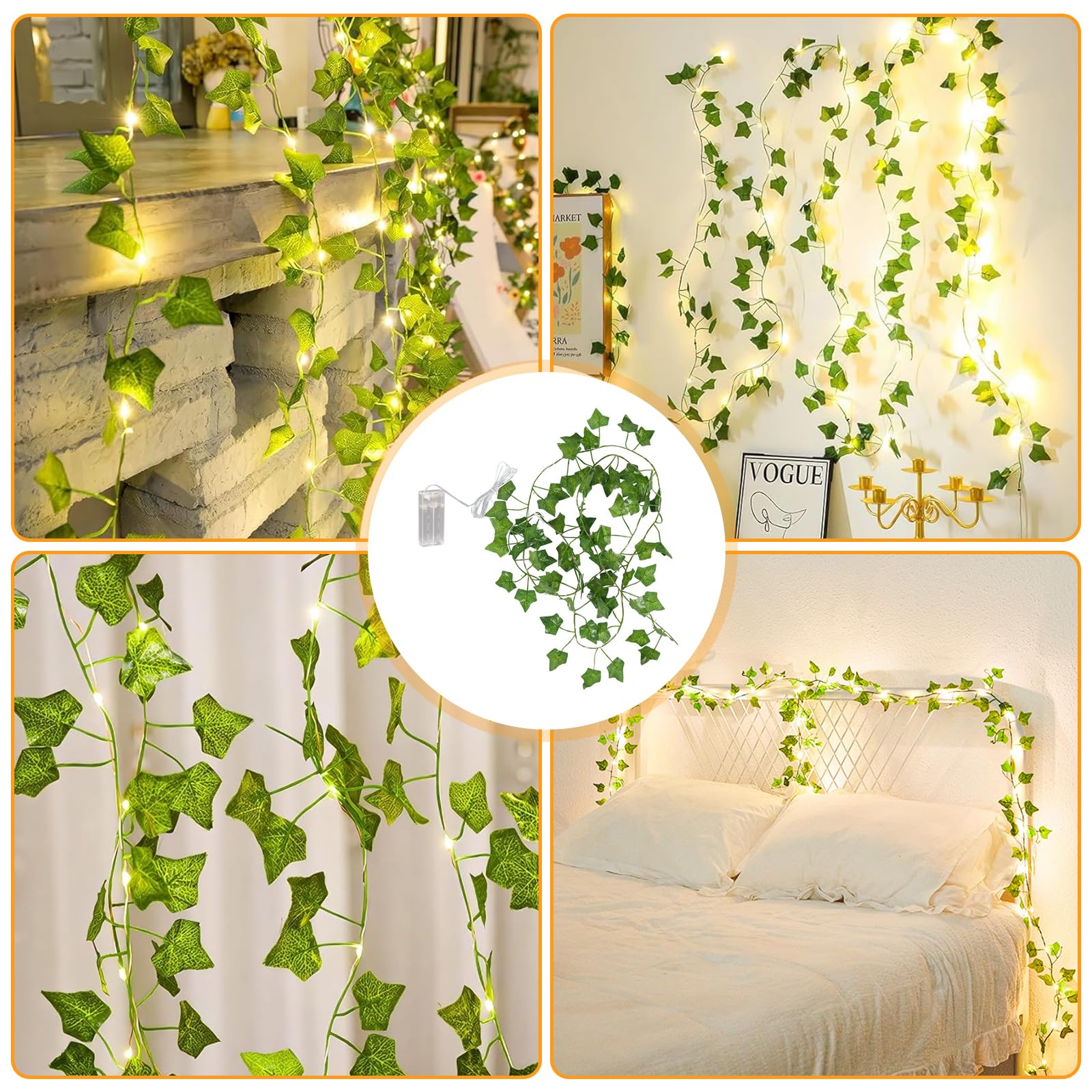 LED Lichterkette Efeu Künstlich, 20M Fake Efeu Girlande mit 200 LED-Licht, Lichterkette mit Blumengirlande Hängend Pflanzen für Innenberei,Hochzeit, Party Deko Beleuchtung