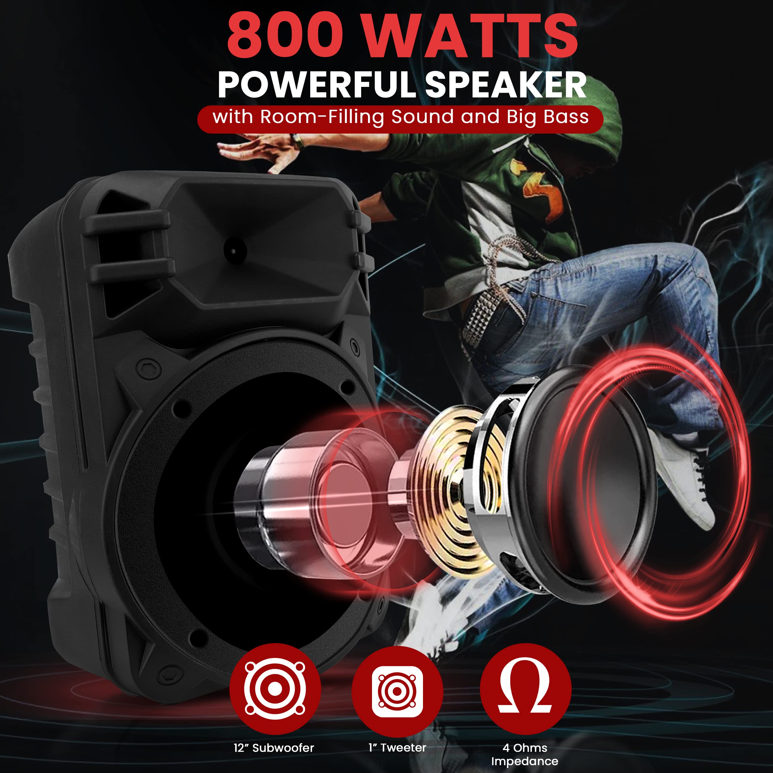Pyle Portable Bluetooth PA Speaker System - 800W Outdoor Bluetooth Speaker Portable PA System w/Microphone In, Party Lights, USB SD Card Reader, FM Radio, Rolling Wheels - Remote Control