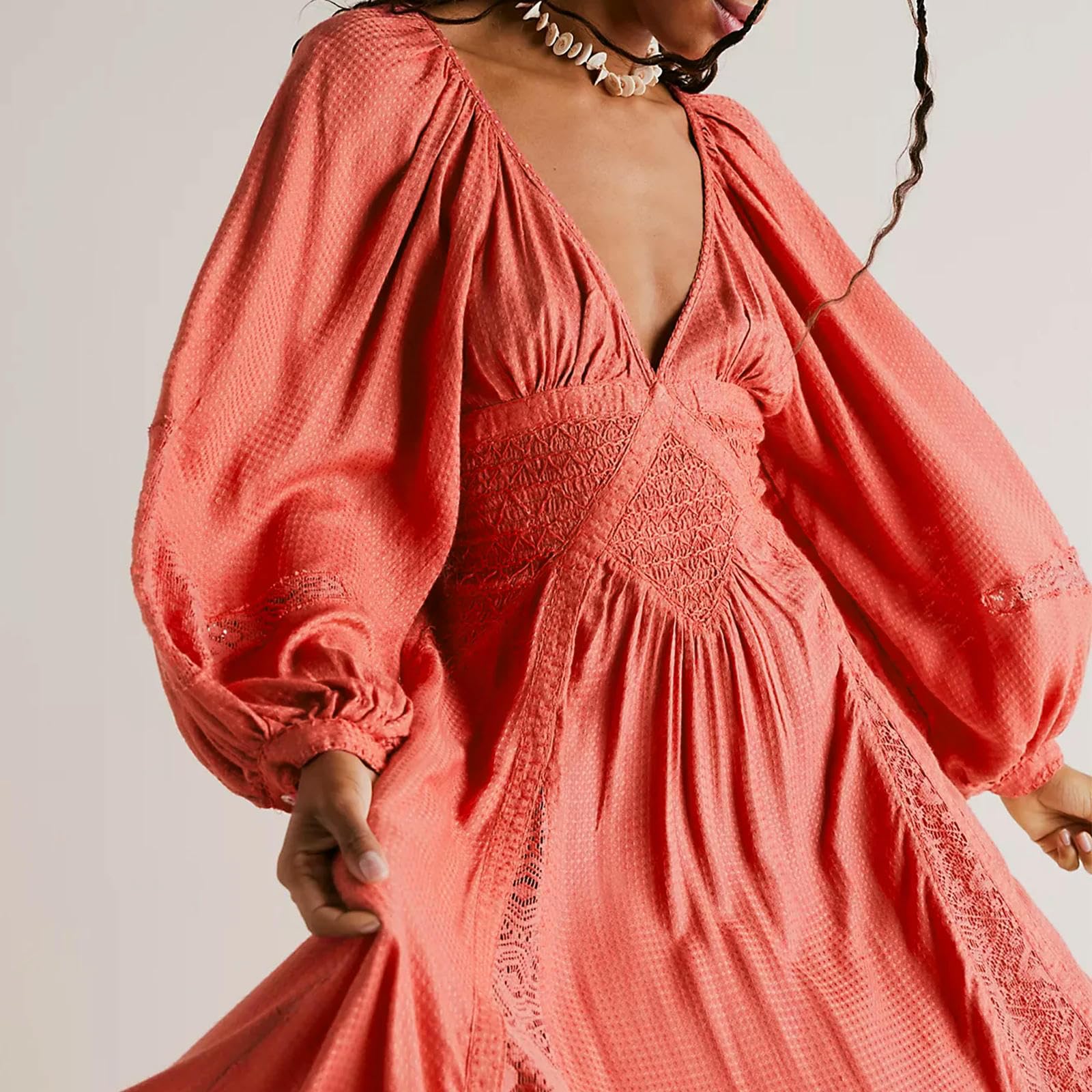 Abito Lungo in Pizzo da Donna, Elegante e di Alta qualità, con ma Lunghe a Sbuffo, Abito da Festa, Vita Regolabile sul Retro, Scollo a V, Abito Ampio e Ampio-Rosso Anguria-L