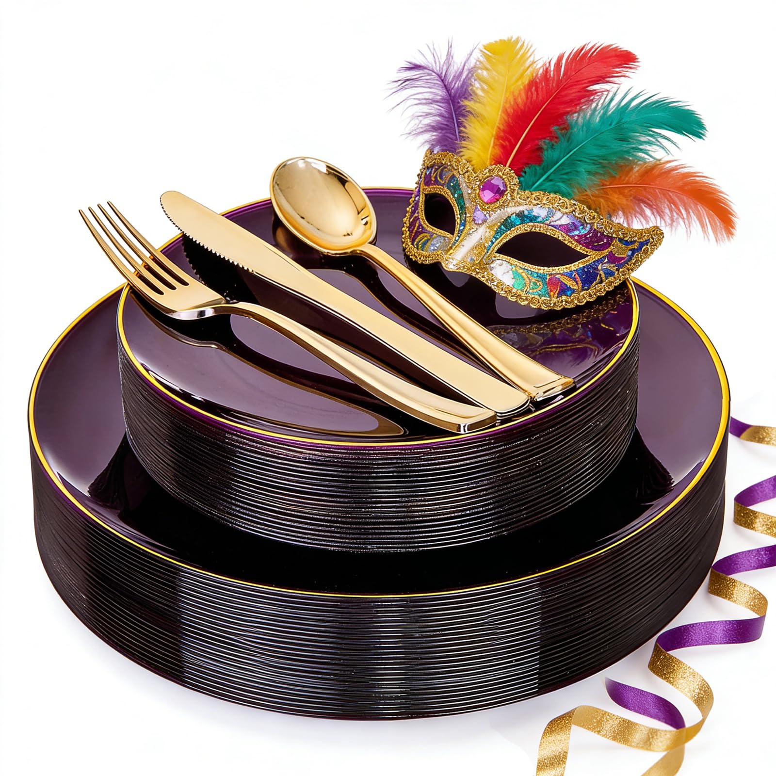 YOUBET 125PCS Purple Plastic Plates - Purple Disposable Plates With Gold Rim - Include 50 Dinner & Dessert Plate, 75 Gold Cutlery Perfect for Wedding